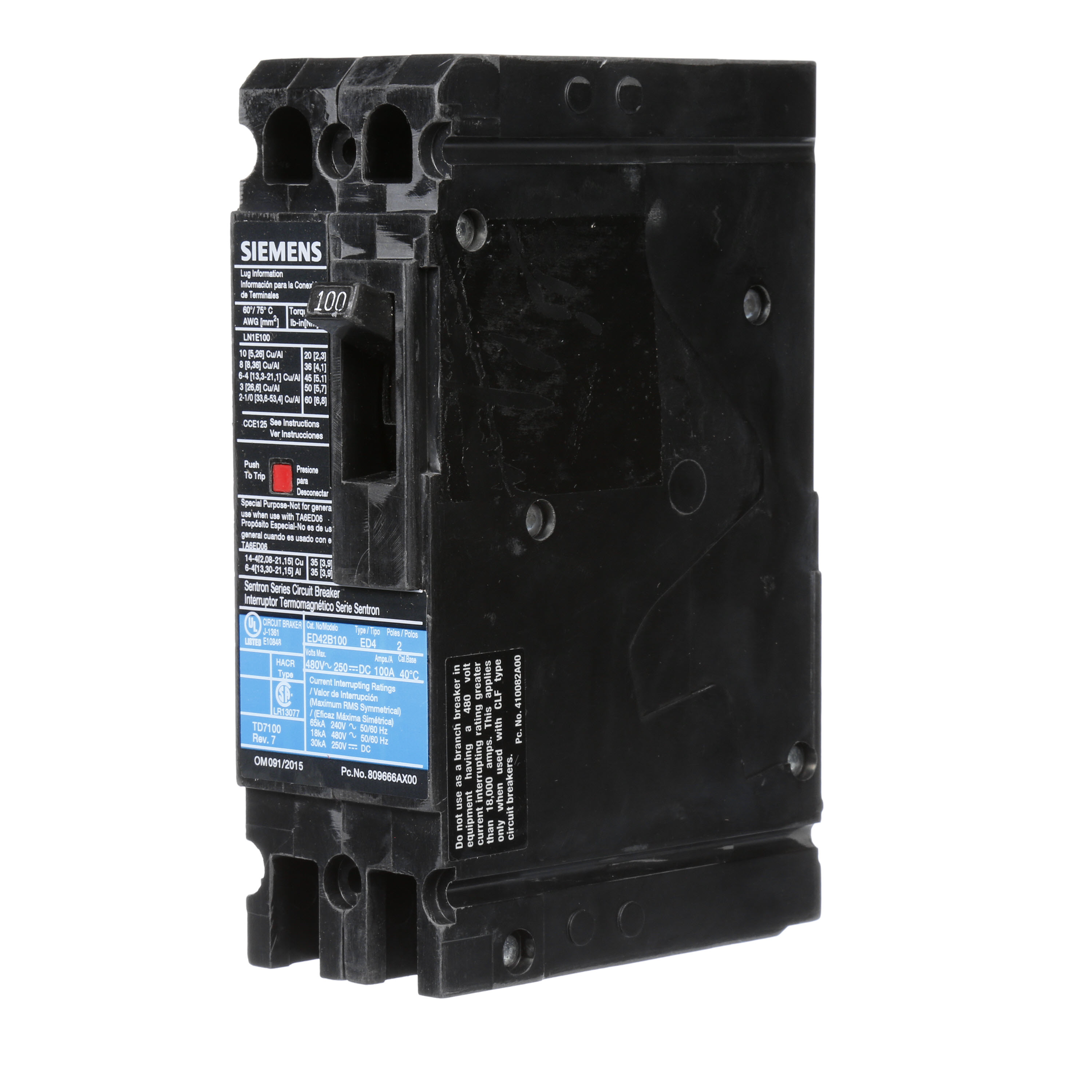 SIEMENS LOW VOLTAGE SENTRON MOLDED CASE CIRCUIT BREAKER WITH THERMAL - MAGNETICTRIP UNIT. STANDARD 40 DEG C BREAKER ED FRAME WITH STANDARD BREAKING CAPACITY. 100A 2-POLE (18KAIC AT 480V). NON-INTERCHANGEABLE TRIP UNIT. SPECIAL FEATURES LOAD LUGS ONLY (LN1E100) WIRE RANGE 10 - 1/0AWG (CU/AL). DIMENSIONS (W x H x D) IN2.00 x 6.4 x 3.92.