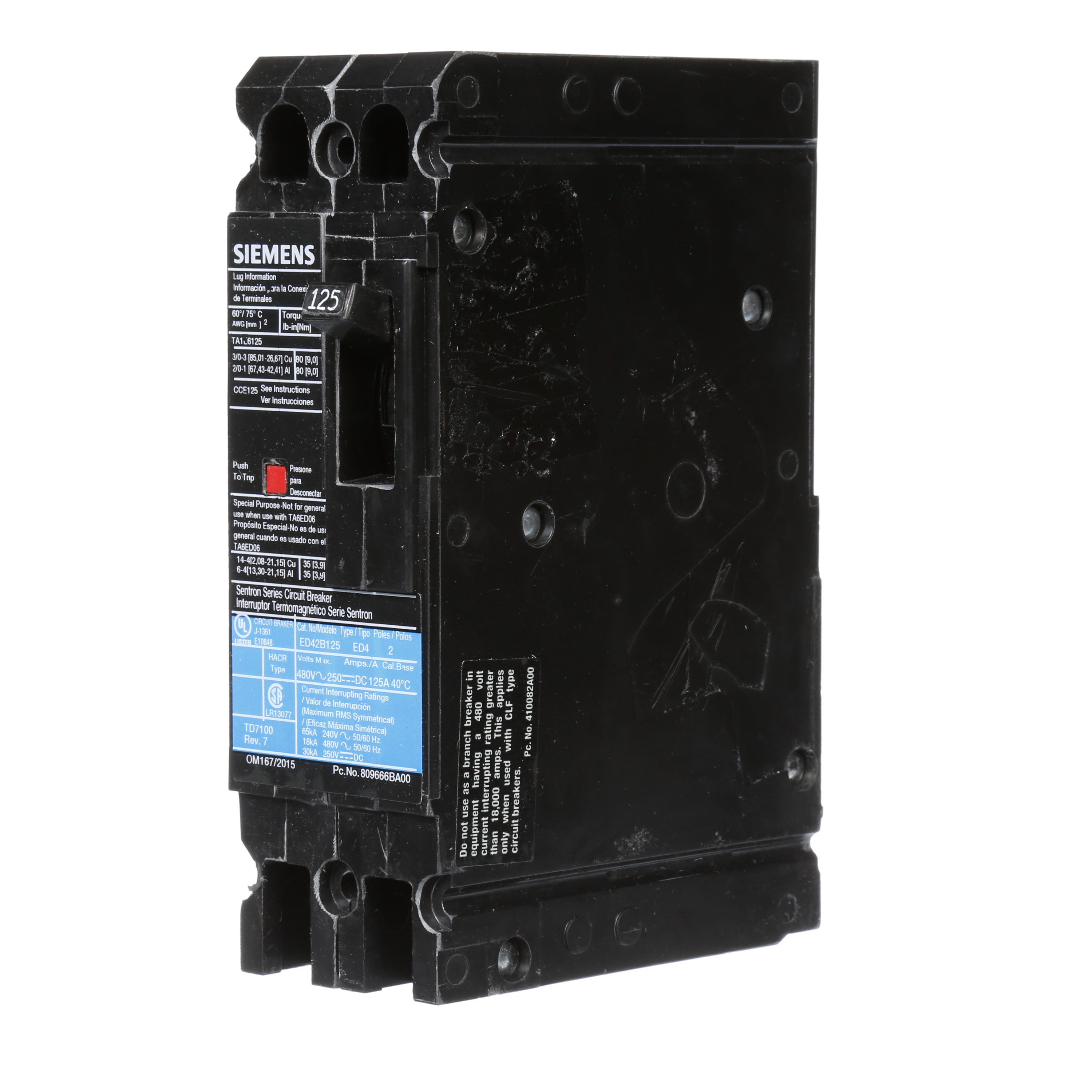 SIEMENS LOW VOLTAGE SENTRON MOLDED CASE CIRCUIT BREAKER WITH THERMAL - MAGNETICTRIP UNIT. STANDARD 40 DEG C BREAKER ED FRAME WITH STANDARD BREAKING CAPACITY. 125A 2-POLE (18KAIC AT 480V). NON-INTERCHANGEABLE TRIP UNIT. SPECIAL FEATURES LOAD LUGS ONLY (TA1E6125) WIRE RANGE 3 - 3/0AWG (CU) / 1 - 2/0AWG (AL). DIMENSIONS(W x H x D) IN 2.00 x 6.4 x 3.92.