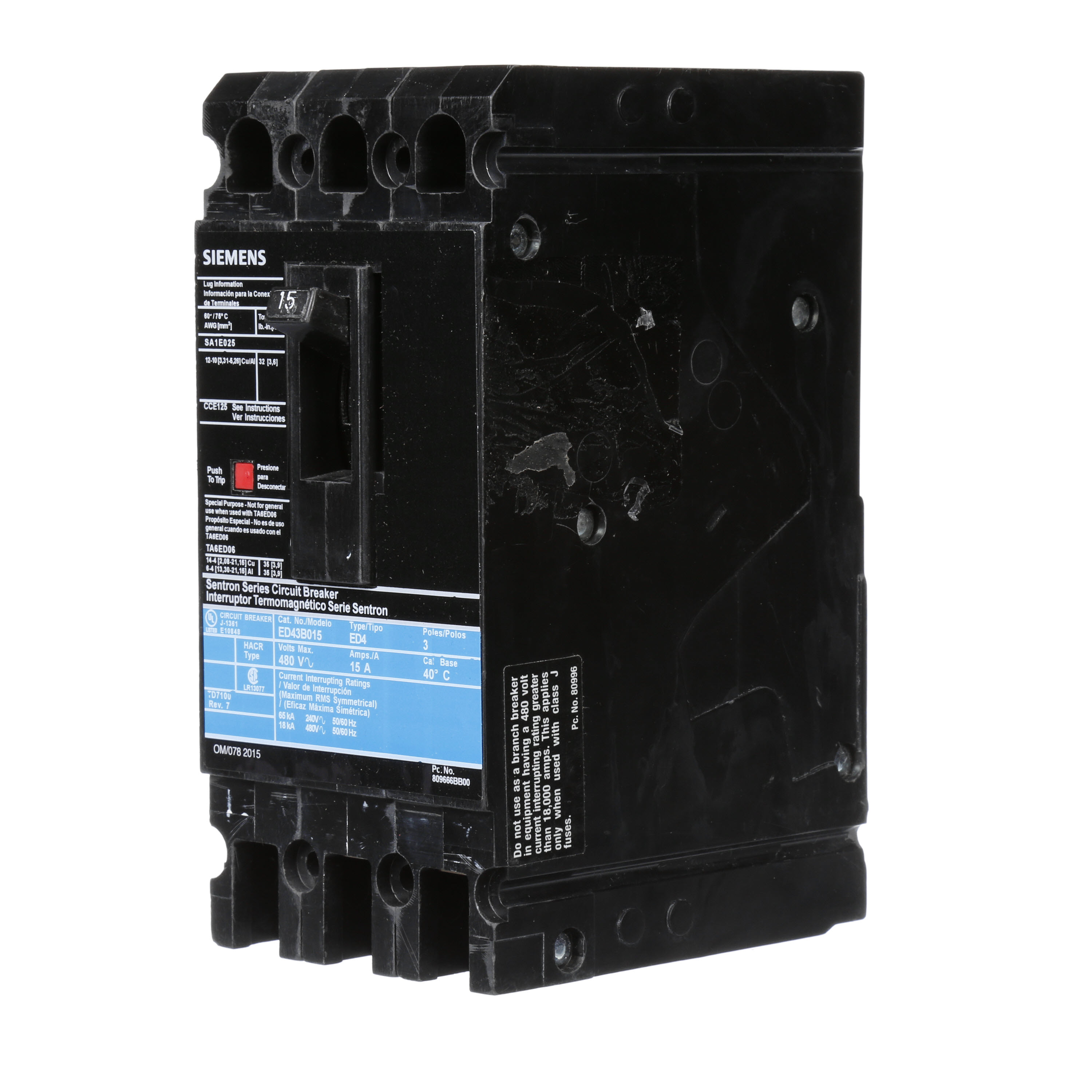 SIEMENS LOW VOLTAGE SENTRON MOLDED CASE CIRCUIT BREAKER WITH THERMAL - MAGNETICTRIP UNIT. STANDARD 40 DEG C BREAKER ED FRAME WITH STANDARD BREAKING CAPACITY. 15A 3-POLE (18KAIC AT 480V). NON-INTERCHANGEABLE TRIP UNIT. SPECIAL FEATURES LOAD LUGS ONLY (SA1E025) WIRE RANGE 14 - 10AWG (CU) / 12 - 10AWG (AL). DIMENSIONS (W x H x D) IN 3.00 x 6.4 x 3.92.