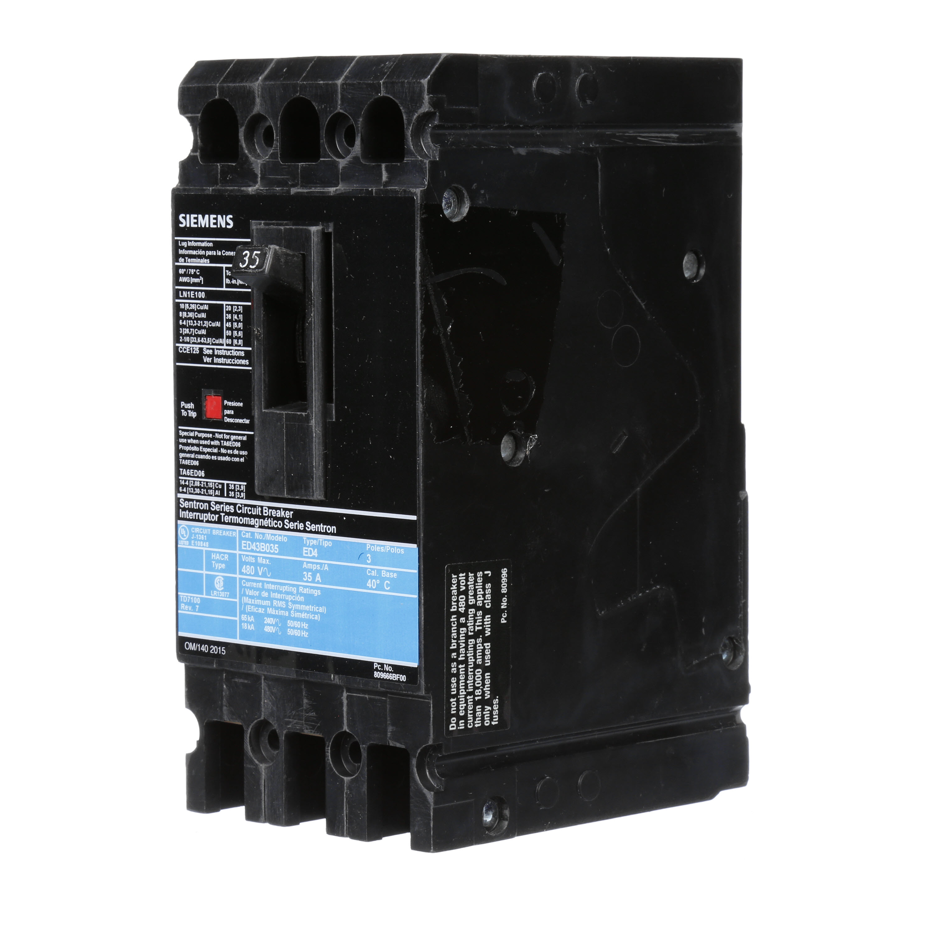 SIEMENS LOW VOLTAGE SENTRON MOLDED CASE CIRCUIT BREAKER WITH THERMAL - MAGNETICTRIP UNIT. STANDARD 40 DEG C BREAKER ED FRAME WITH STANDARD BREAKING CAPACITY. 35A 3-POLE (18KAIC AT 480V). NON-INTERCHANGEABLE TRIP UNIT. SPECIAL FEATURES LOAD LUGS ONLY (LN1E100) WIRE RANGE 10 - 1/0AWG (CU/AL). DIMENSIONS (W x H x D) IN 3.00 x 6.4 x 3.92.