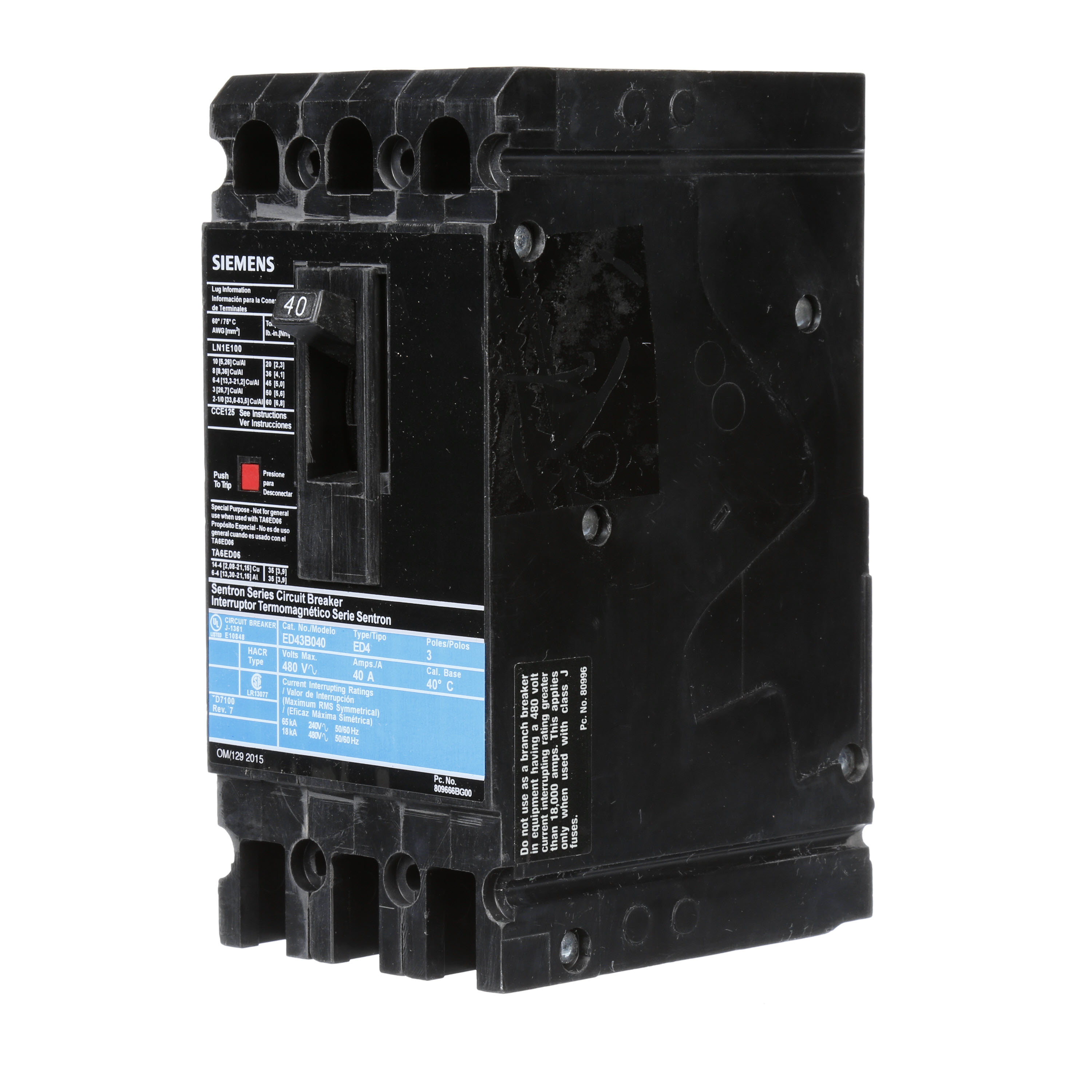SIEMENS LOW VOLTAGE SENTRON MOLDED CASE CIRCUIT BREAKER WITH THERMAL - MAGNETICTRIP UNIT. STANDARD 40 DEG C BREAKER ED FRAME WITH STANDARD BREAKING CAPACITY. 40A 3-POLE (18KAIC AT 480V). NON-INTERCHANGEABLE TRIP UNIT. SPECIAL FEATURES LOAD LUGS ONLY (LN1E100) WIRE RANGE 10 - 1/0AWG (CU/AL). DIMENSIONS (W x H x D) IN 3.00 x 6.4 x 3.92.