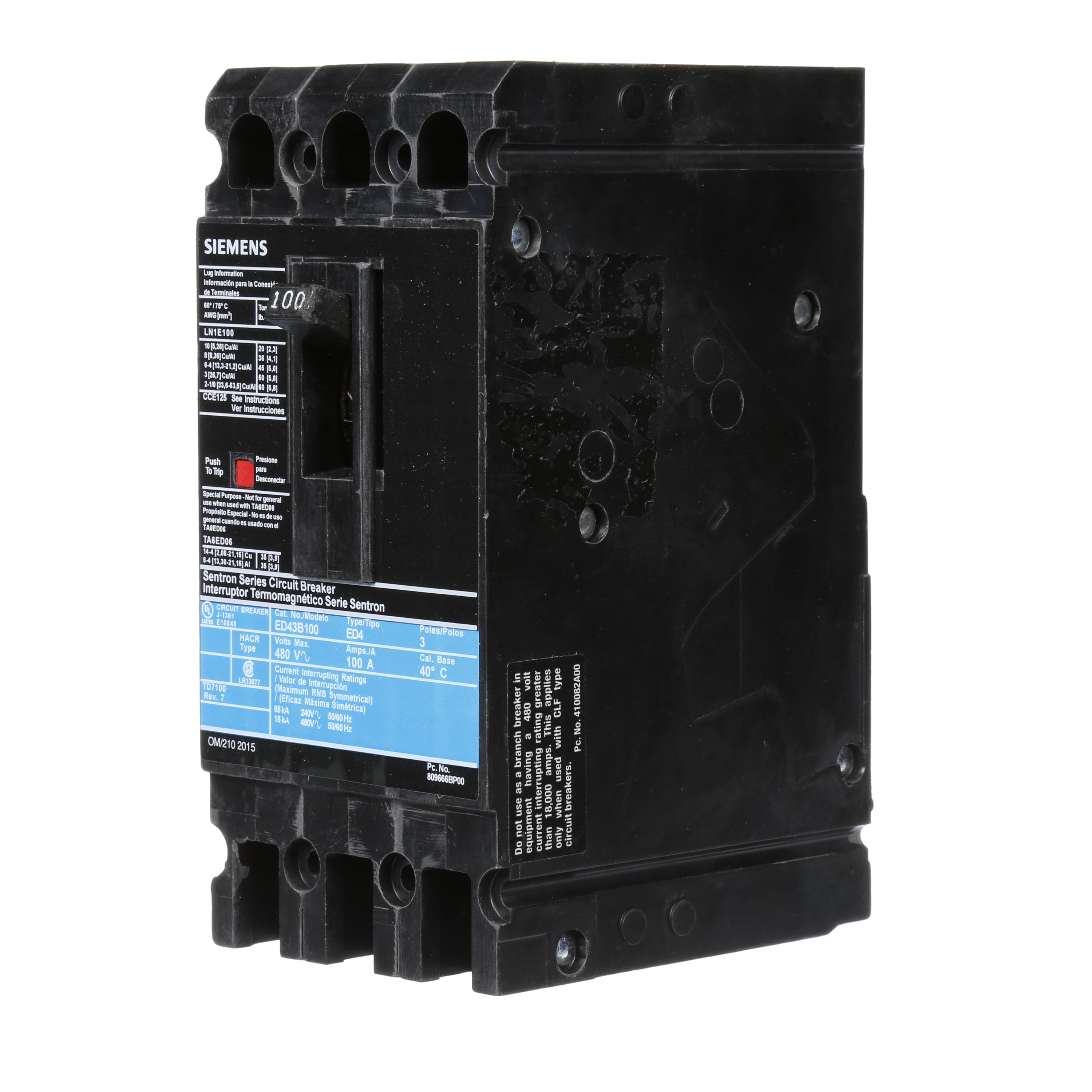 SIEMENS LOW VOLTAGE SENTRON MOLDED CASE CIRCUIT BREAKER WITH THERMAL - MAGNETICTRIP UNIT. STANDARD 40 DEG C BREAKER ED FRAME WITH STANDARD BREAKING CAPACITY. 100A 3-POLE (18KAIC AT 480V). NON-INTERCHANGEABLE TRIP UNIT. SPECIAL FEATURES LOAD LUGS ONLY (LN1E100) WIRE RANGE 10 - 1/0AWG (CU/AL). DIMENSIONS (W x H x D) IN3.00 x 6.4 x 3.92.