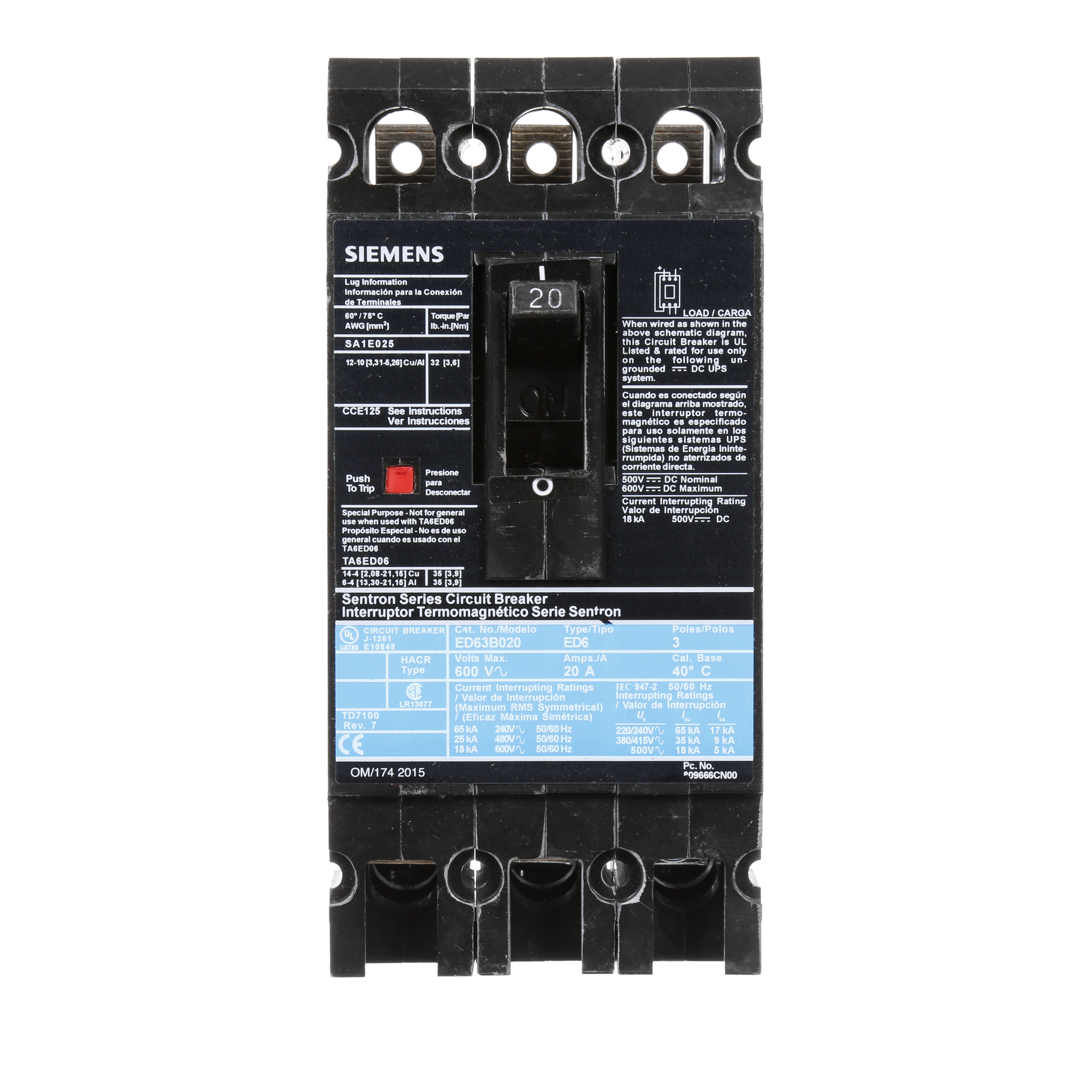 SIEMENS LOW VOLTAGE SENTRON MOLDED CASE CIRCUIT BREAKER WITH THERMAL - MAGNETICTRIP UNIT. STANDARD 40 DEG C BREAKER ED FRAME WITH STANDARD BREAKING CAPACITY. 20A 3-POLE (18KAIC AT 600V) (25KAIC AT 480V). NON-INTERCHANGEABLE TRIP UNIT. SPECIAL FEATURES LOAD LUGS ONLY (SA1E025) WIRE RANGE 14 - 10AWG (CU) / 12 - 10AWG (AL). DIMENSIONS (W x H x D) IN 3.00 x 6.4 x 3.92.