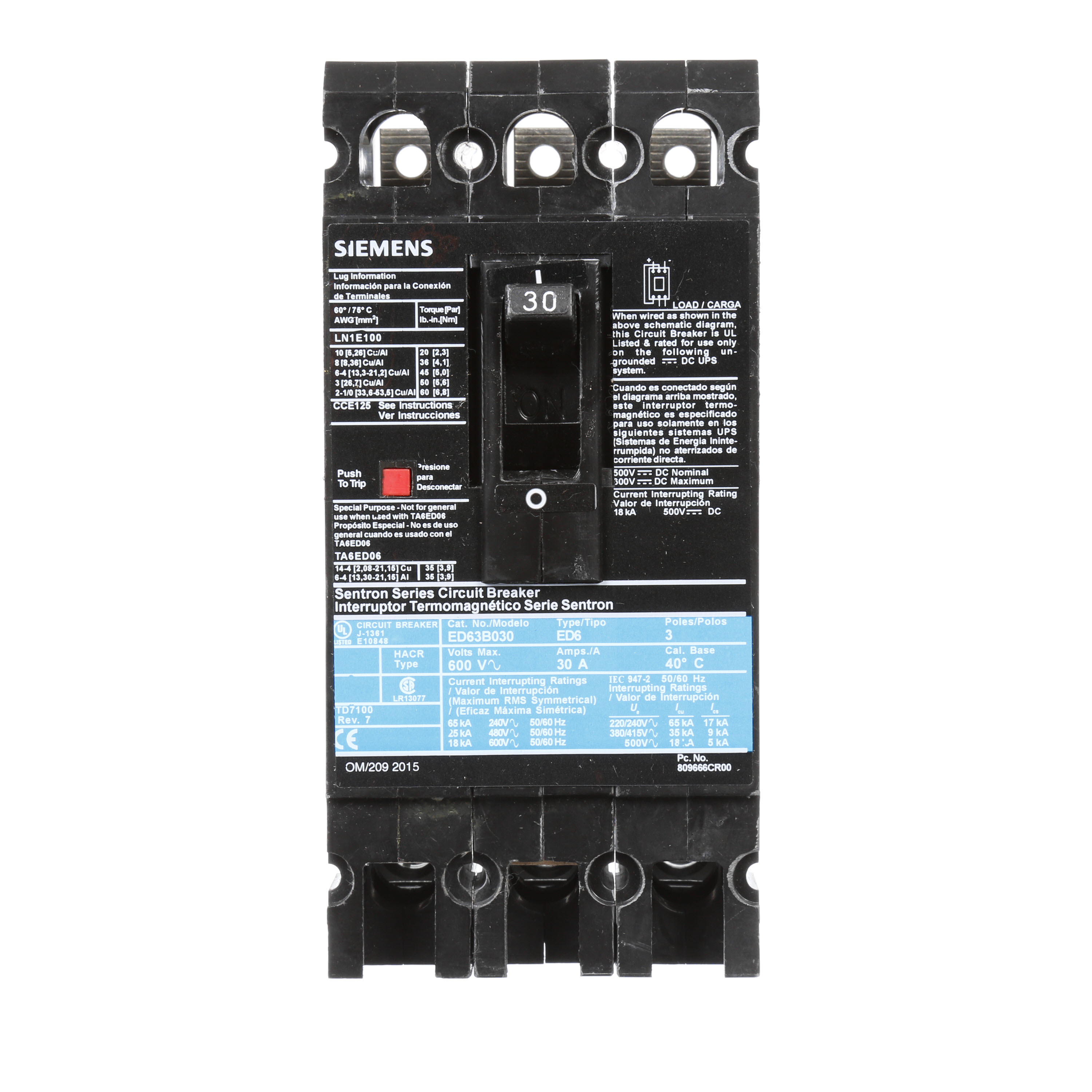 SIEMENS LOW VOLTAGE SENTRON MOLDED CASE CIRCUIT BREAKER WITH THERMAL - MAGNETICTRIP UNIT. STANDARD 40 DEG C BREAKER ED FRAME WITH STANDARD BREAKING CAPACITY. 30A 3-POLE (18KAIC AT 600V) (25KAIC AT 480V). NON-INTERCHANGEABLE TRIP UNIT. SPECIAL FEATURES LOAD LUGS ONLY (LN1E100) WIRE RANGE 10 - 1/0AWG (CU/AL). DIMENSIONS (W x H x D) IN 3.00 x 6.4 x 3.92.