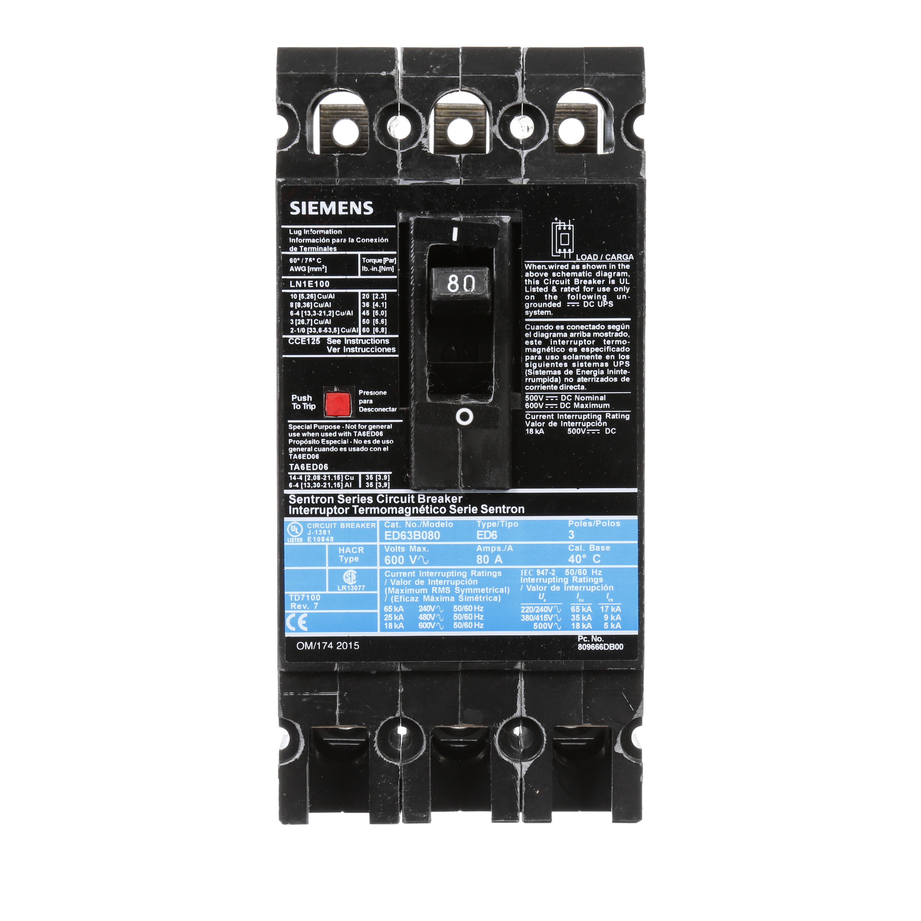 SIEMENS LOW VOLTAGE SENTRON MOLDED CASE CIRCUIT BREAKER WITH THERMAL - MAGNETICTRIP UNIT. STANDARD 40 DEG C BREAKER ED FRAME WITH STANDARD BREAKING CAPACITY. 80A 3-POLE (18KAIC AT 600V) (25KAIC AT 480V). NON-INTERCHANGEABLE TRIP UNIT. SPECIAL FEATURES LOAD LUGS ONLY (LN1E100) WIRE RANGE 10 - 1/0AWG (CU/AL). DIMENSIONS (W x H x D) IN 3.00 x 6.4 x 3.92.