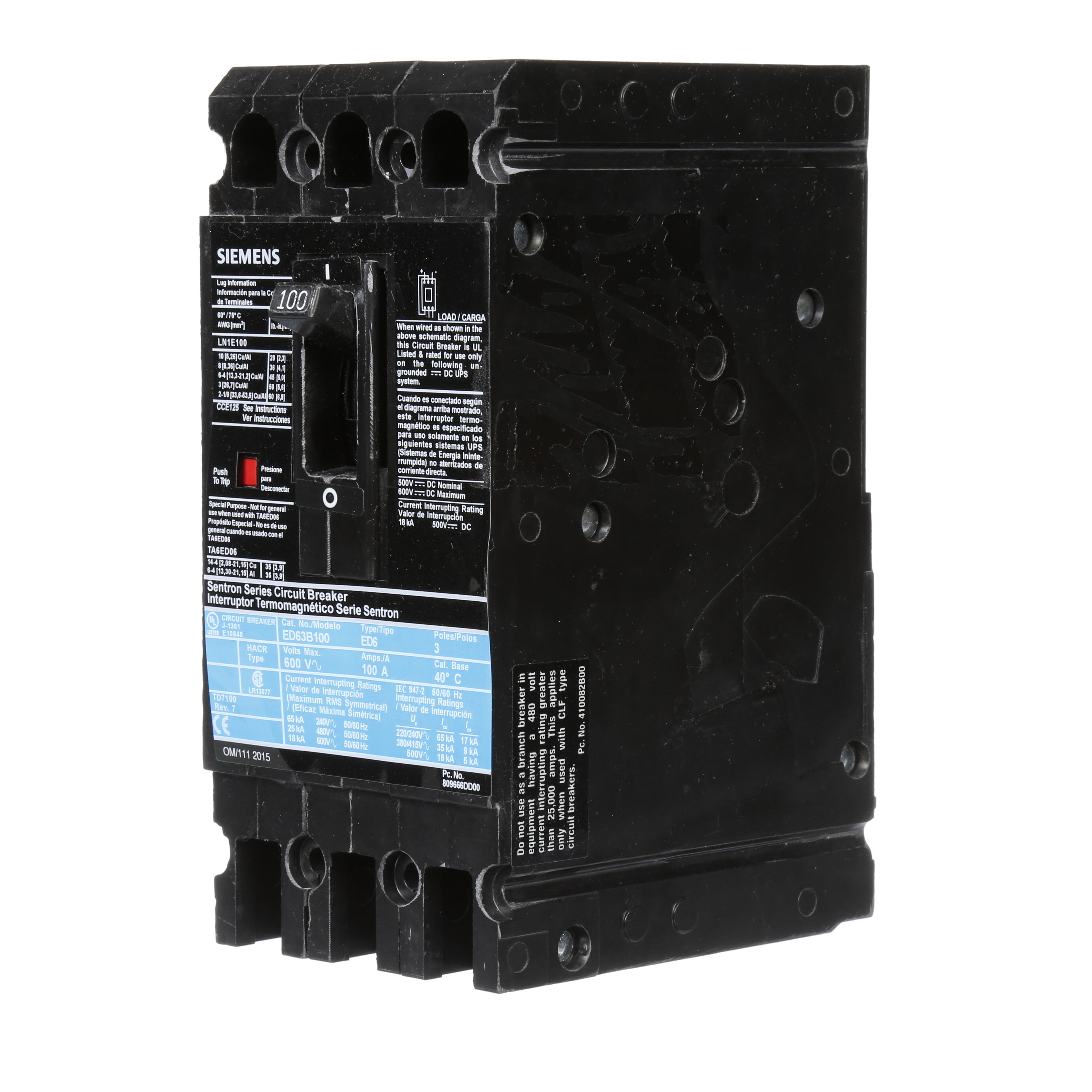 SIEMENS LOW VOLTAGE SENTRON MOLDED CASE CIRCUIT BREAKER WITH THERMAL - MAGNETICTRIP UNIT. STANDARD 40 DEG C BREAKER ED FRAME WITH STANDARD BREAKING CAPACITY. 100A 3-POLE (18KAIC AT 600V) (25KAIC AT 480V). NON-INTERCHANGEABLE TRIP UNIT. SPECIAL FEATURES LOAD LUGS ONLY (LN1E100) WIRE RANGE 10 - 1/0AWG (CU/AL). DIMENSIONS (W x H x D) IN 3.00 x 6.4 x 3.92.