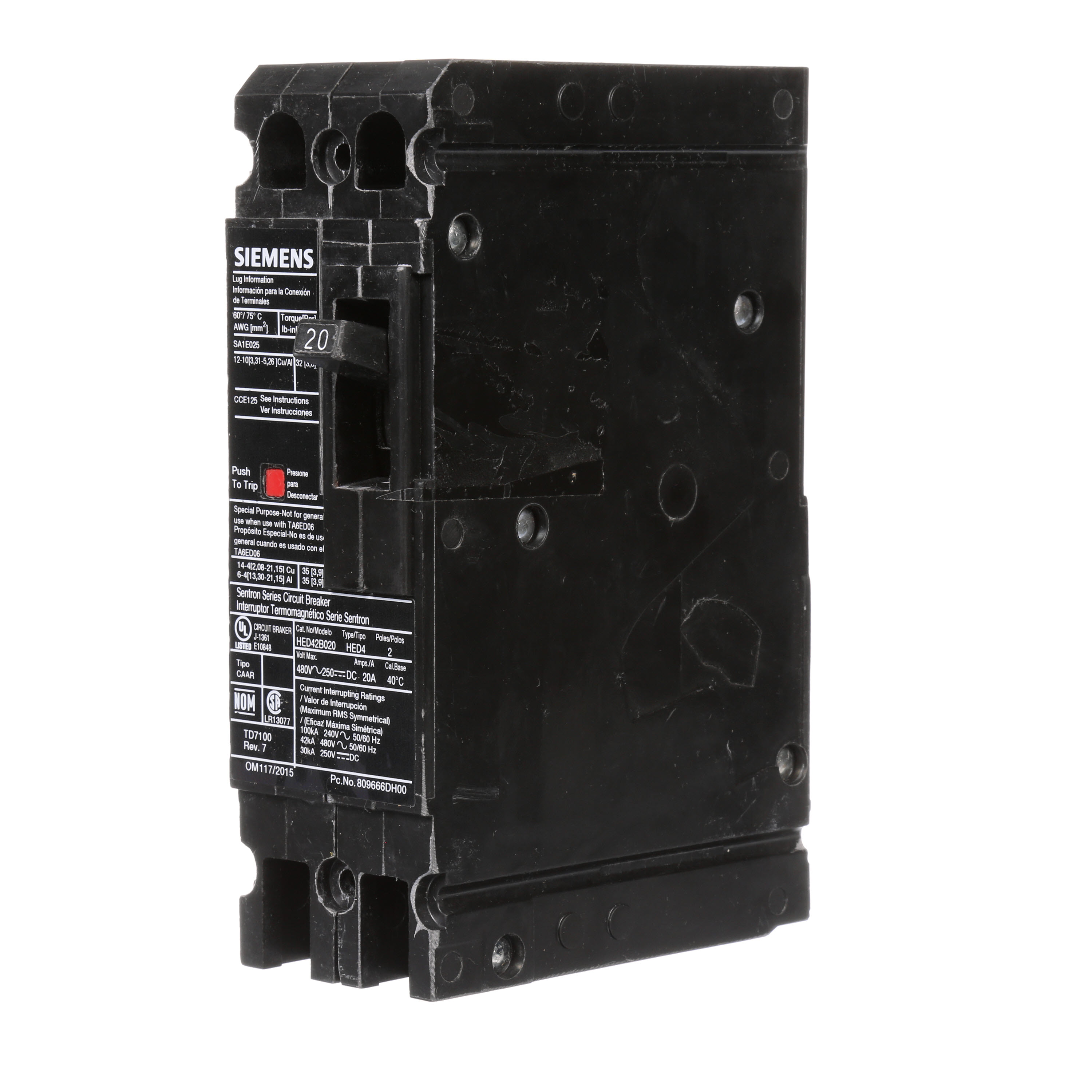 SIEMENS LOW VOLTAGE SENTRON MOLDED CASE CIRCUIT BREAKER WITH THERMAL - MAGNETICTRIP UNIT. STANDARD 40 DEG C BREAKER ED FRAME WITH HIGH BREAKING CAPACITY. 20A 2-POLE (42KAIC AT 480V). NON-INTERCHANGEABLE TRIP UNIT. SPECIAL FEATURES LOAD LUGS ONLY (SA1E025) WIRE RANGE 14 - 10AWG (CU) / 12 - 10AWG (AL). DIMENSIONS (W x H x D) IN 2.00 x 6.4 x 3.92.