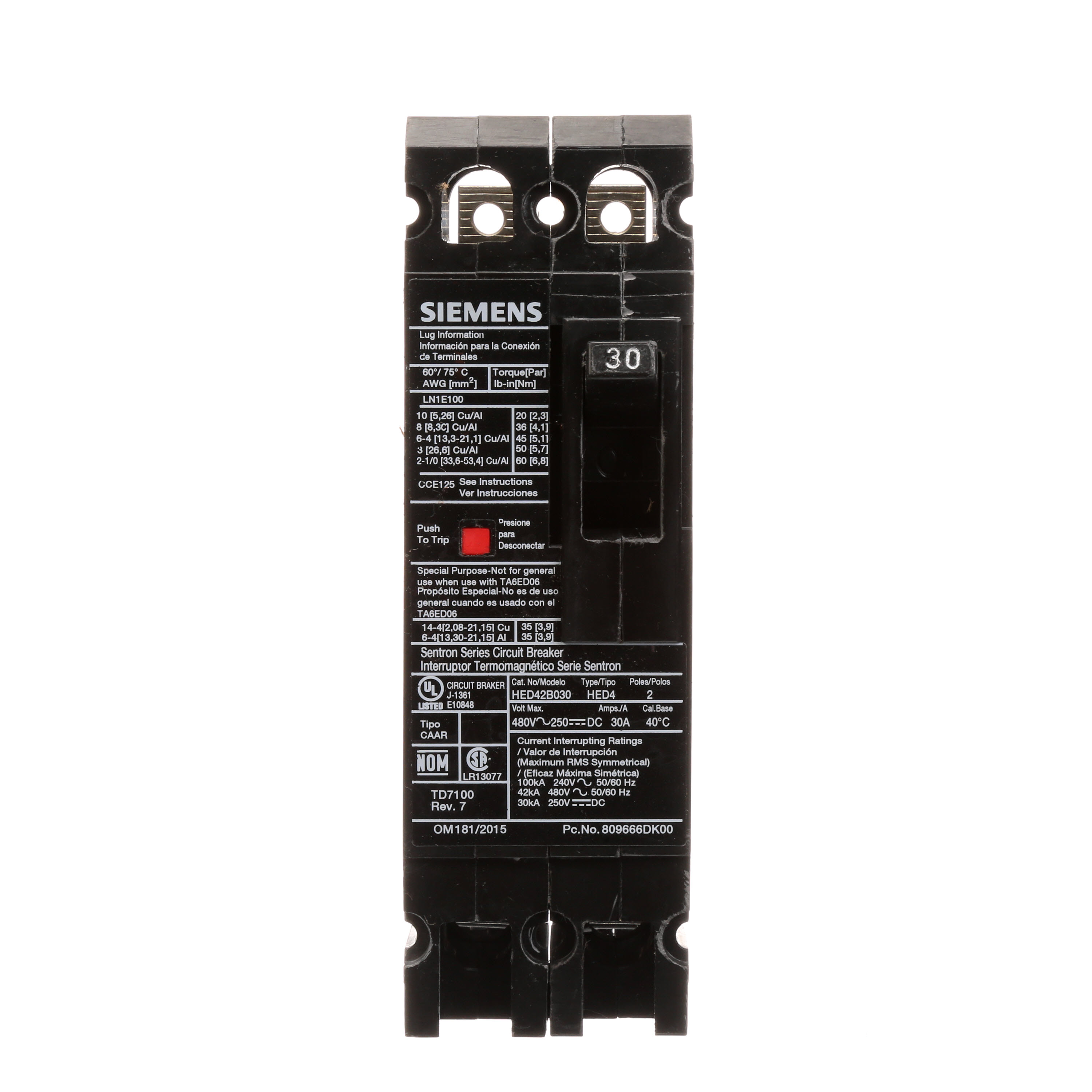 SIEMENS LOW VOLTAGE SENTRON MOLDED CASE CIRCUIT BREAKER WITH THERMAL - MAGNETICTRIP UNIT. STANDARD 40 DEG C BREAKER ED FRAME WITH HIGH BREAKING CAPACITY. 30A 2-POLE (42KAIC AT 480V). NON-INTERCHANGEABLE TRIP UNIT. SPECIAL FEATURES LOAD LUGS ONLY (LN1E100) WIRE RANGE 10 - 1/0AWG (CU/AL). DIMENSIONS (W x H x D) IN 2.00x 6.4 x 3.92.