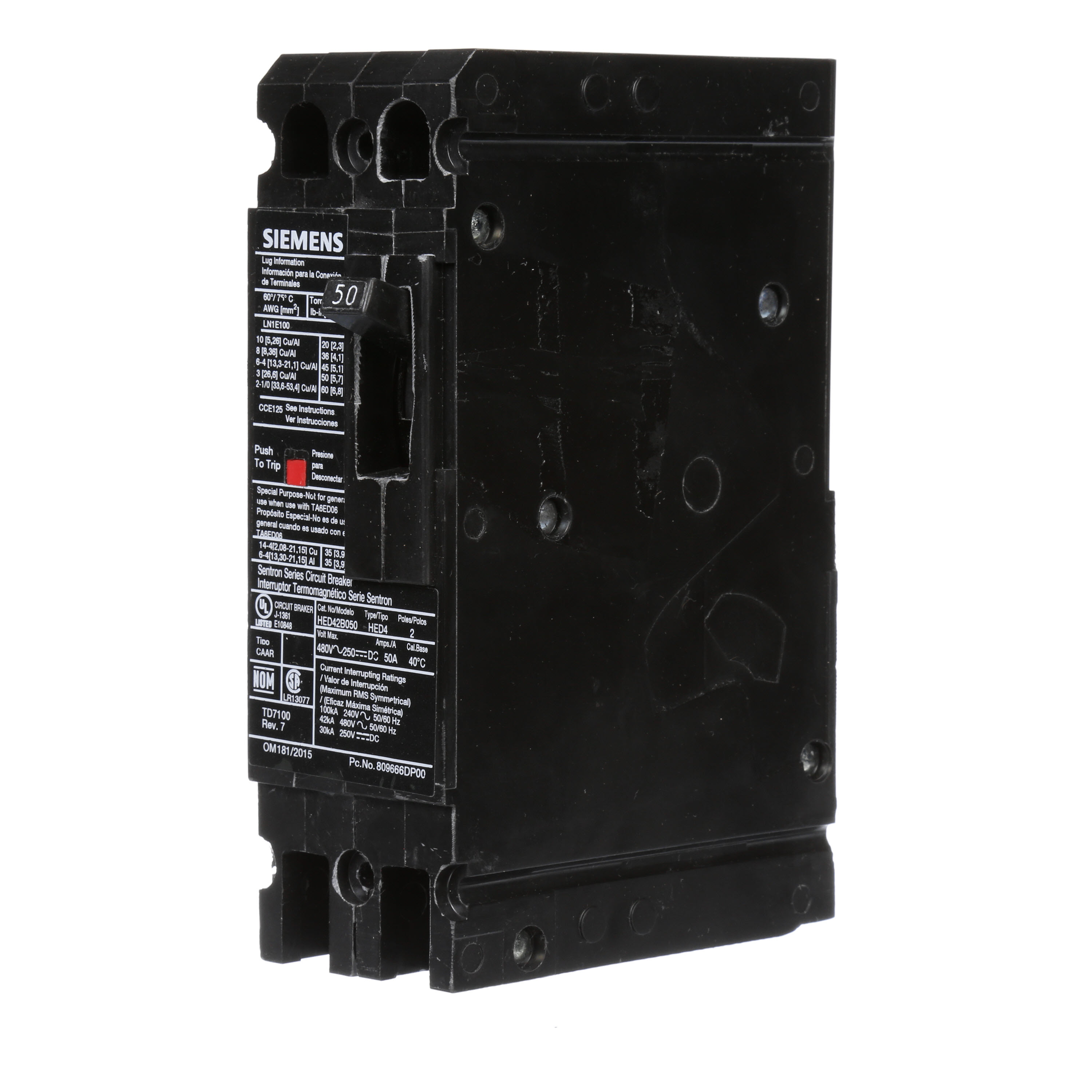 SIEMENS LOW VOLTAGE SENTRON MOLDED CASE CIRCUIT BREAKER WITH THERMAL - MAGNETICTRIP UNIT. STANDARD 40 DEG C BREAKER ED FRAME WITH HIGH BREAKING CAPACITY. 50A 2-POLE (42KAIC AT 480V). NON-INTERCHANGEABLE TRIP UNIT. SPECIAL FEATURES LOAD LUGS ONLY (LN1E100) WIRE RANGE 10 - 1/0AWG (CU/AL). DIMENSIONS (W x H x D) IN 2.00x 6.4 x 3.92.