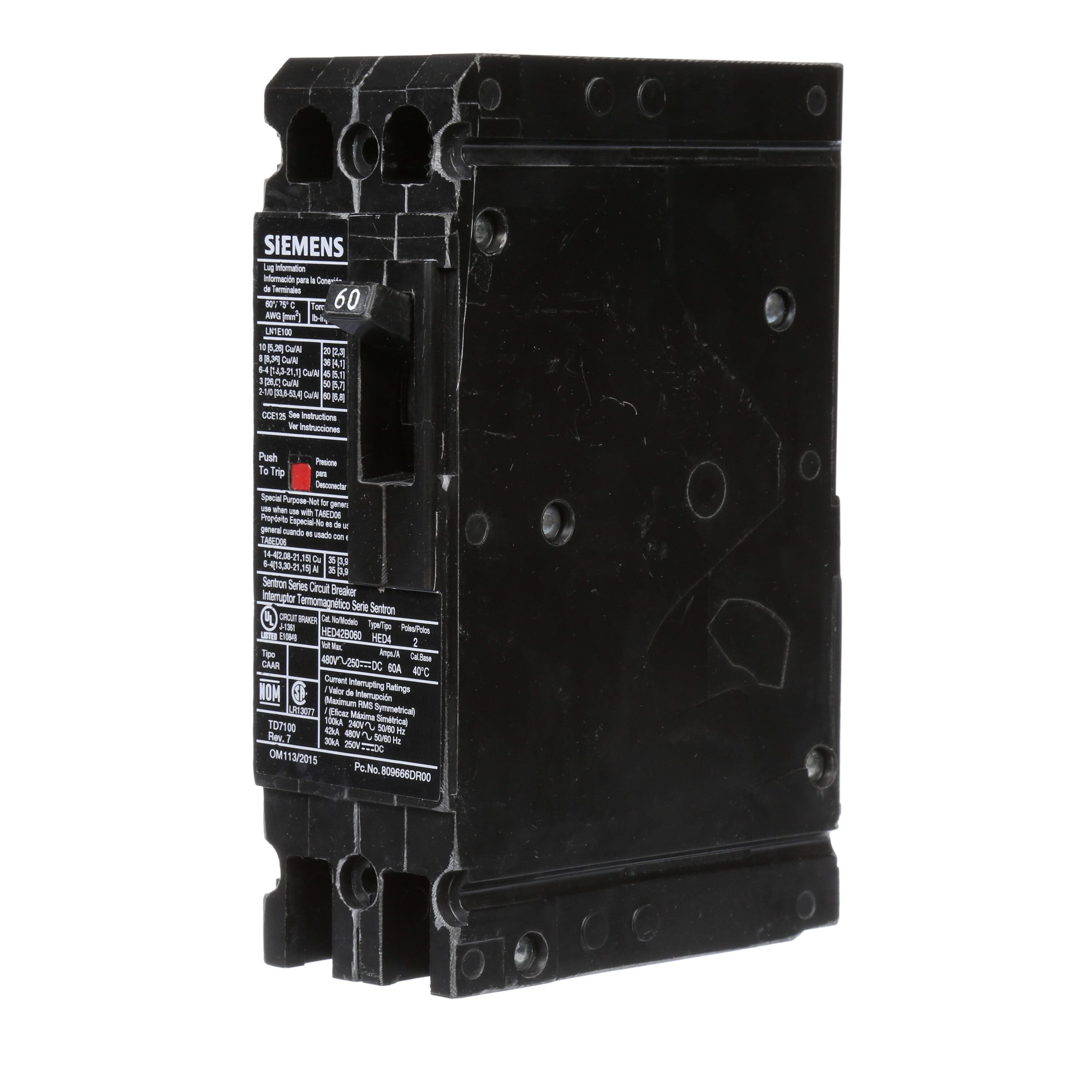 SIEMENS LOW VOLTAGE SENTRON MOLDED CASE CIRCUIT BREAKER WITH THERMAL - MAGNETICTRIP UNIT. STANDARD 40 DEG C BREAKER ED FRAME WITH HIGH BREAKING CAPACITY. 60A 2-POLE (42KAIC AT 480V). NON-INTERCHANGEABLE TRIP UNIT. SPECIAL FEATURES LOAD LUGS ONLY (LN1E100) WIRE RANGE 10 - 1/0AWG (CU/AL). DIMENSIONS (W x H x D) IN 2.00x 6.4 x 3.92.