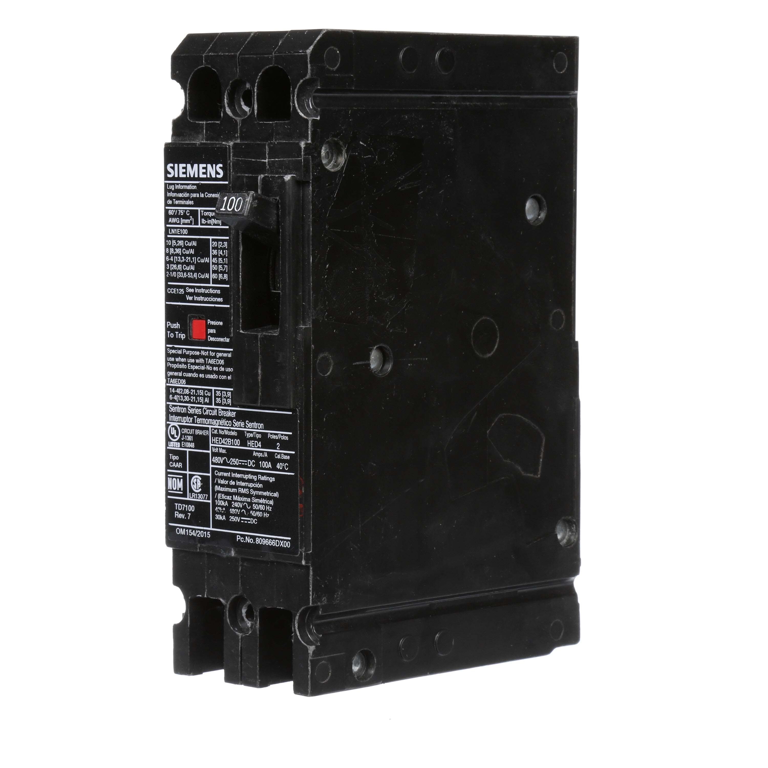 SIEMENS LOW VOLTAGE SENTRON MOLDED CASE CIRCUIT BREAKER WITH THERMAL - MAGNETICTRIP UNIT. STANDARD 40 DEG C BREAKER ED FRAME WITH HIGH BREAKING CAPACITY. 100A2-POLE (42KAIC AT 480V). NON-INTERCHANGEABLE TRIP UNIT. SPECIAL FEATURES LOAD LUGS ONLY (LN1E100) WIRE RANGE 10 - 1/0AWG (CU/AL). DIMENSIONS (W x H x D) IN 2.00 x 6.4 x 3.92.