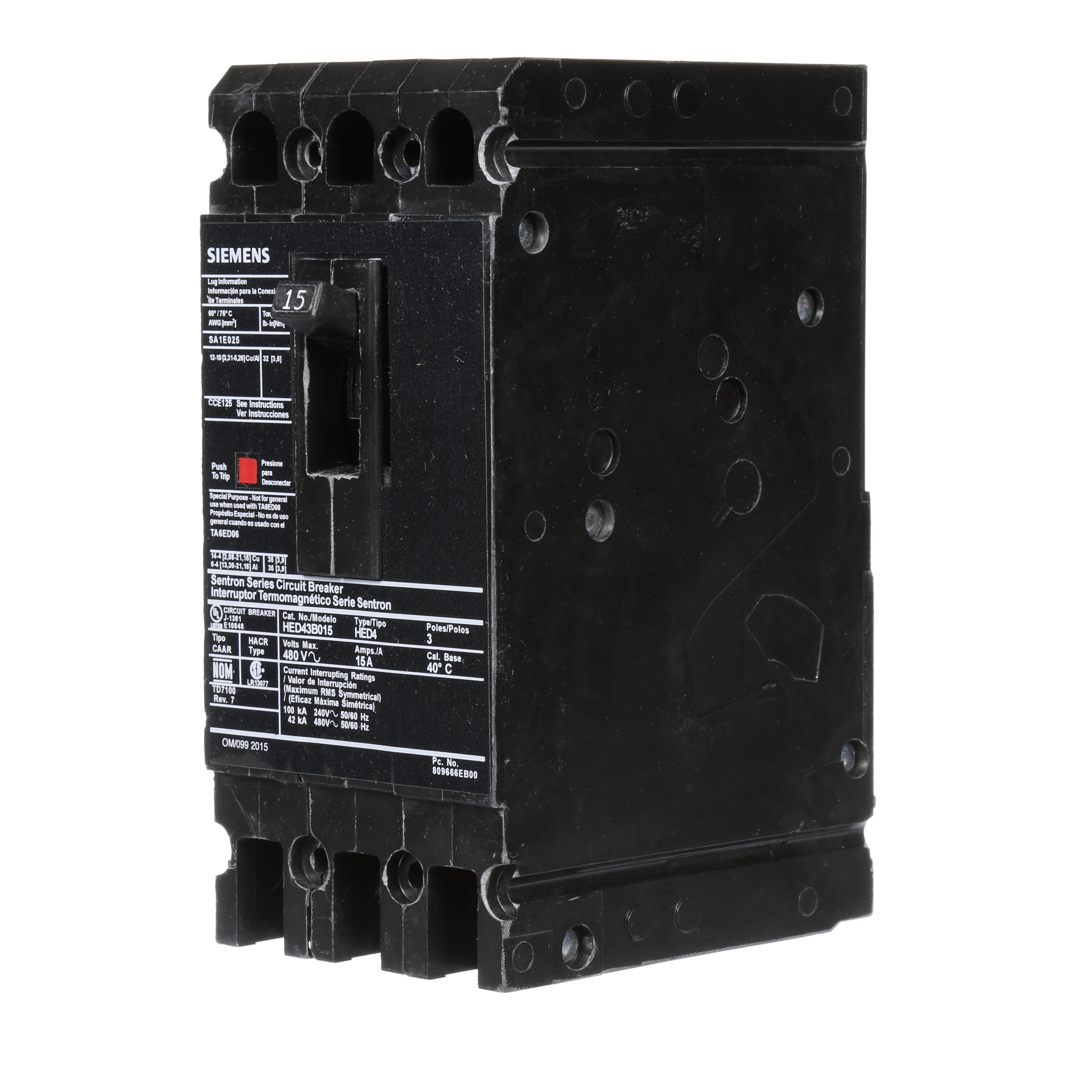 SIEMENS LOW VOLTAGE SENTRON MOLDED CASE CIRCUIT BREAKER WITH THERMAL - MAGNETICTRIP UNIT. STANDARD 40 DEG C BREAKER ED FRAME WITH HIGH BREAKING CAPACITY. 15A 3-POLE (42KAIC AT 480V). NON-INTERCHANGEABLE TRIP UNIT. SPECIAL FEATURES LOAD LUGS ONLY (SA1E025) WIRE RANGE 14 - 10AWG (CU) / 12 - 10AWG (AL). DIMENSIONS (W x H x D) IN 3.00 x 6.4 x 3.92.