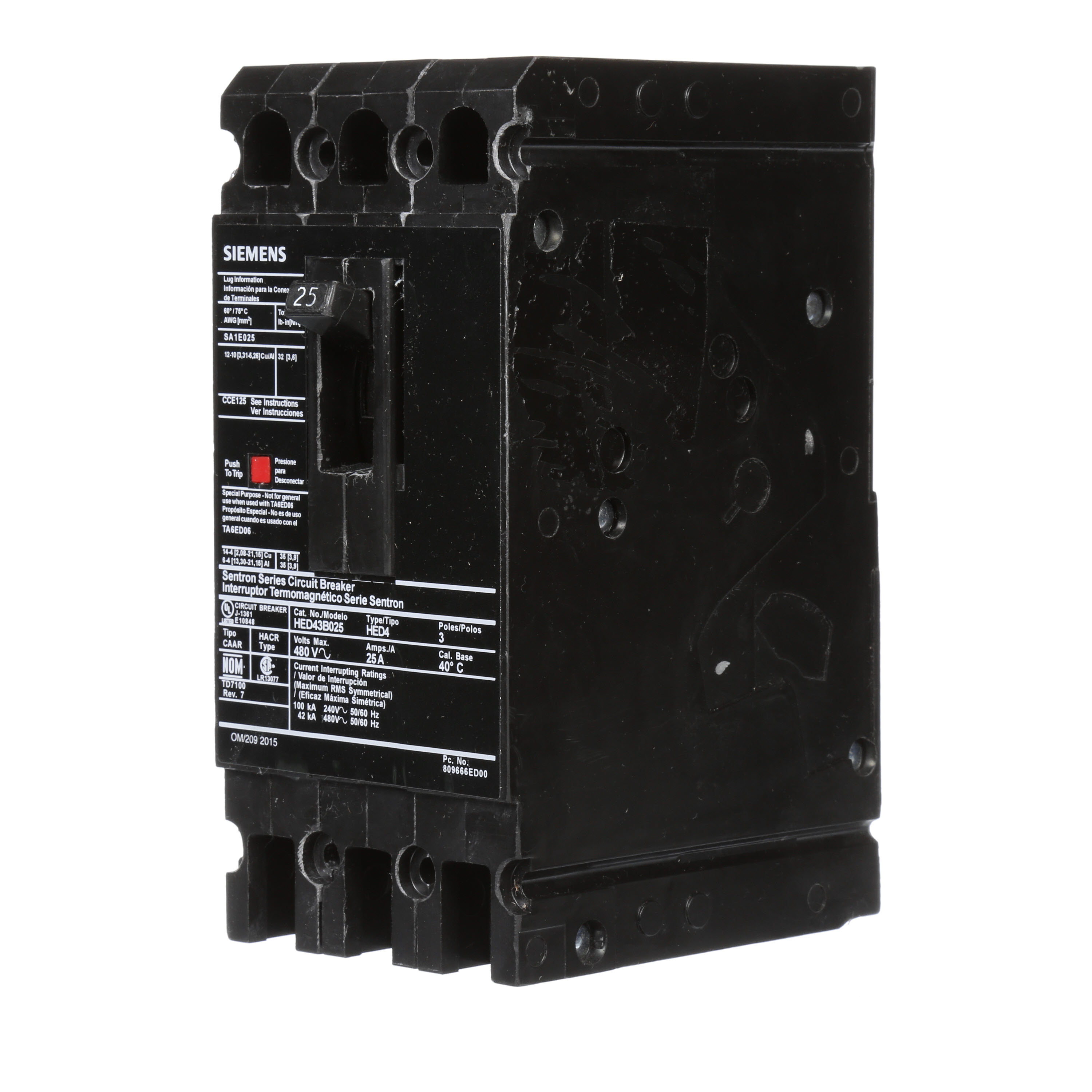 SIEMENS LOW VOLTAGE SENTRON MOLDED CASE CIRCUIT BREAKER WITH THERMAL - MAGNETICTRIP UNIT. STANDARD 40 DEG C BREAKER ED FRAME WITH HIGH BREAKING CAPACITY. 25A 3-POLE (42KAIC AT 480V). NON-INTERCHANGEABLE TRIP UNIT. SPECIAL FEATURES LOAD LUGS ONLY (SA1E025) WIRE RANGE 14 - 10AWG (CU) / 12 - 10AWG (AL). DIMENSIONS (W x H x D) IN 3.00 x 6.4 x 3.92.
