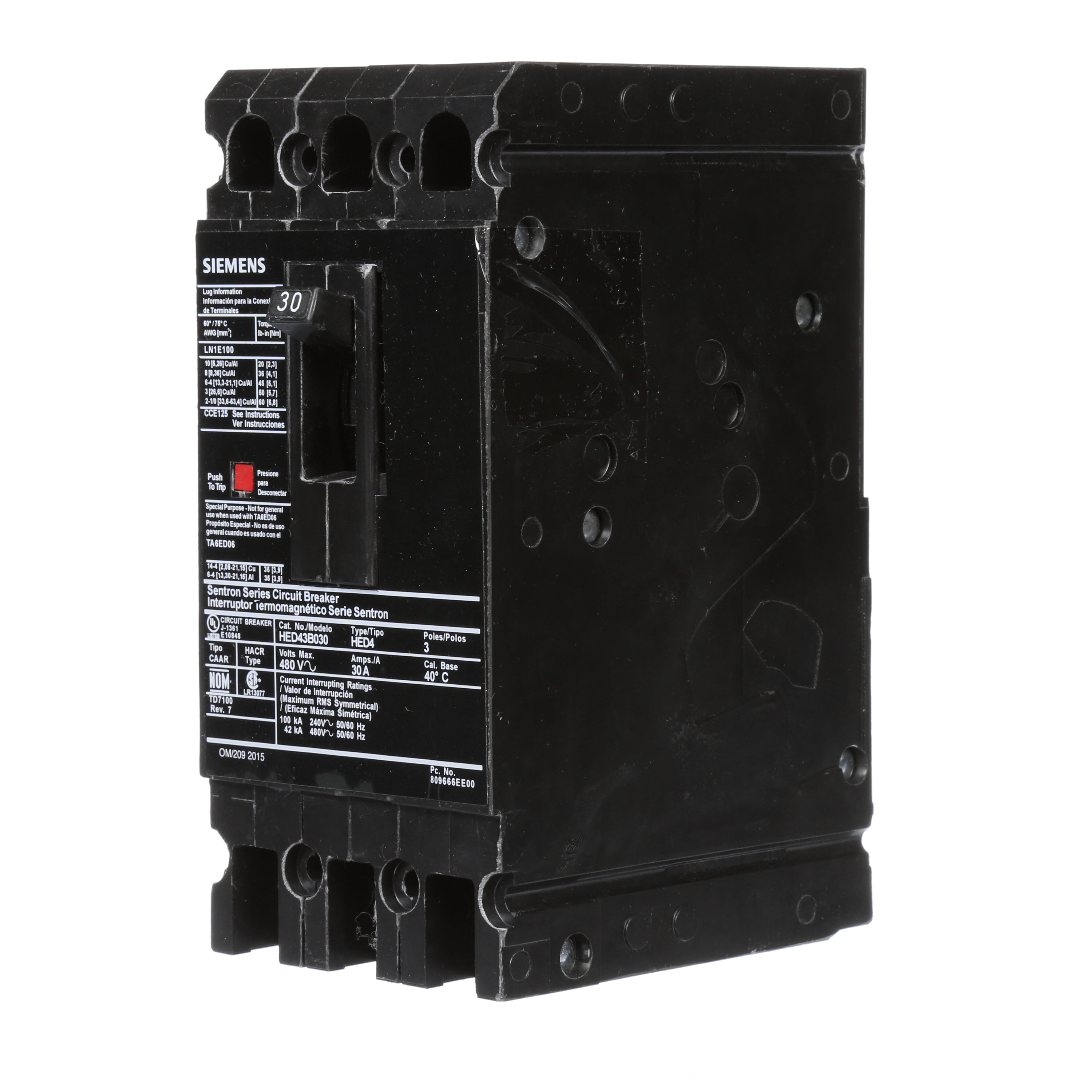 SIEMENS LOW VOLTAGE SENTRON MOLDED CASE CIRCUIT BREAKER WITH THERMAL - MAGNETICTRIP UNIT. STANDARD 40 DEG C BREAKER ED FRAME WITH HIGH BREAKING CAPACITY. 30A 3-POLE (42KAIC AT 480V). NON-INTERCHANGEABLE TRIP UNIT. SPECIAL FEATURES LOAD LUGS ONLY (LN1E100) WIRE RANGE 10 - 1/0AWG (CU/AL). DIMENSIONS (W x H x D) IN 3.00x 6.4 x 3.92.