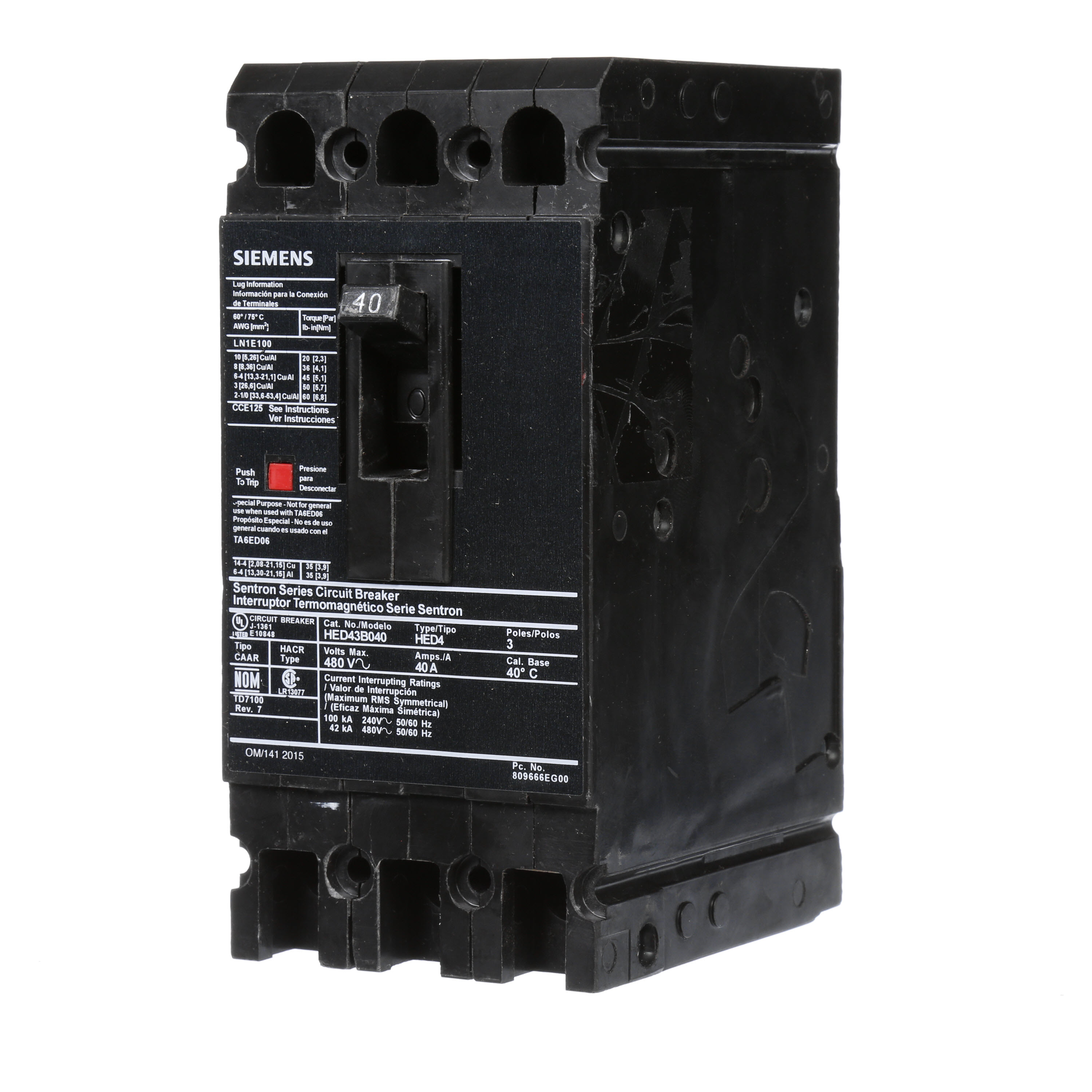 SIEMENS LOW VOLTAGE SENTRON MOLDED CASE CIRCUIT BREAKER WITH THERMAL - MAGNETICTRIP UNIT. STANDARD 40 DEG C BREAKER ED FRAME WITH HIGH BREAKING CAPACITY. 45A 3-POLE (42KAIC AT 480V). NON-INTERCHANGEABLE TRIP UNIT. SPECIAL FEATURES LOAD LUGS ONLY (LN1E100) WIRE RANGE 10 - 1/0AWG (CU/AL). DIMENSIONS (W x H x D) IN 3.00x 6.4 x 3.92.