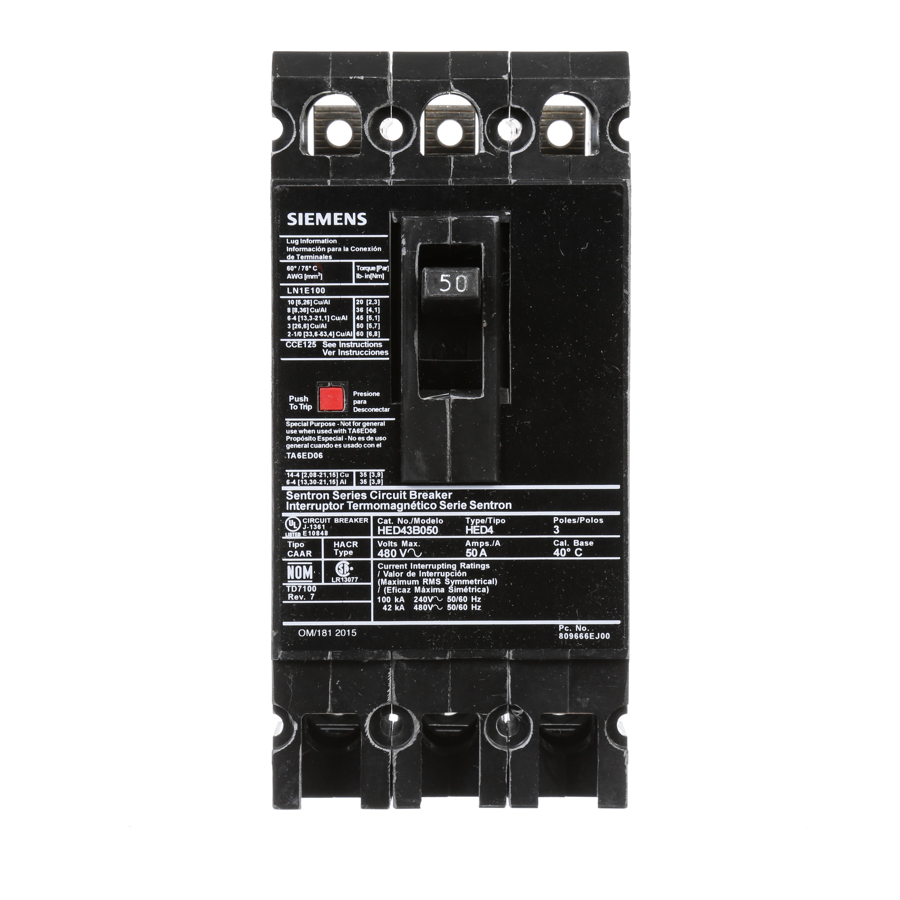 SIEMENS LOW VOLTAGE SENTRON MOLDED CASE CIRCUIT BREAKER WITH THERMAL - MAGNETICTRIP UNIT. STANDARD 40 DEG C BREAKER ED FRAME WITH HIGH BREAKING CAPACITY. 50A 3-POLE (42KAIC AT 480V). NON-INTERCHANGEABLE TRIP UNIT. SPECIAL FEATURES LOAD LUGS ONLY (LN1E100) WIRE RANGE 10 - 1/0AWG (CU/AL). DIMENSIONS (W x H x D) IN 3.00x 6.4 x 3.92.