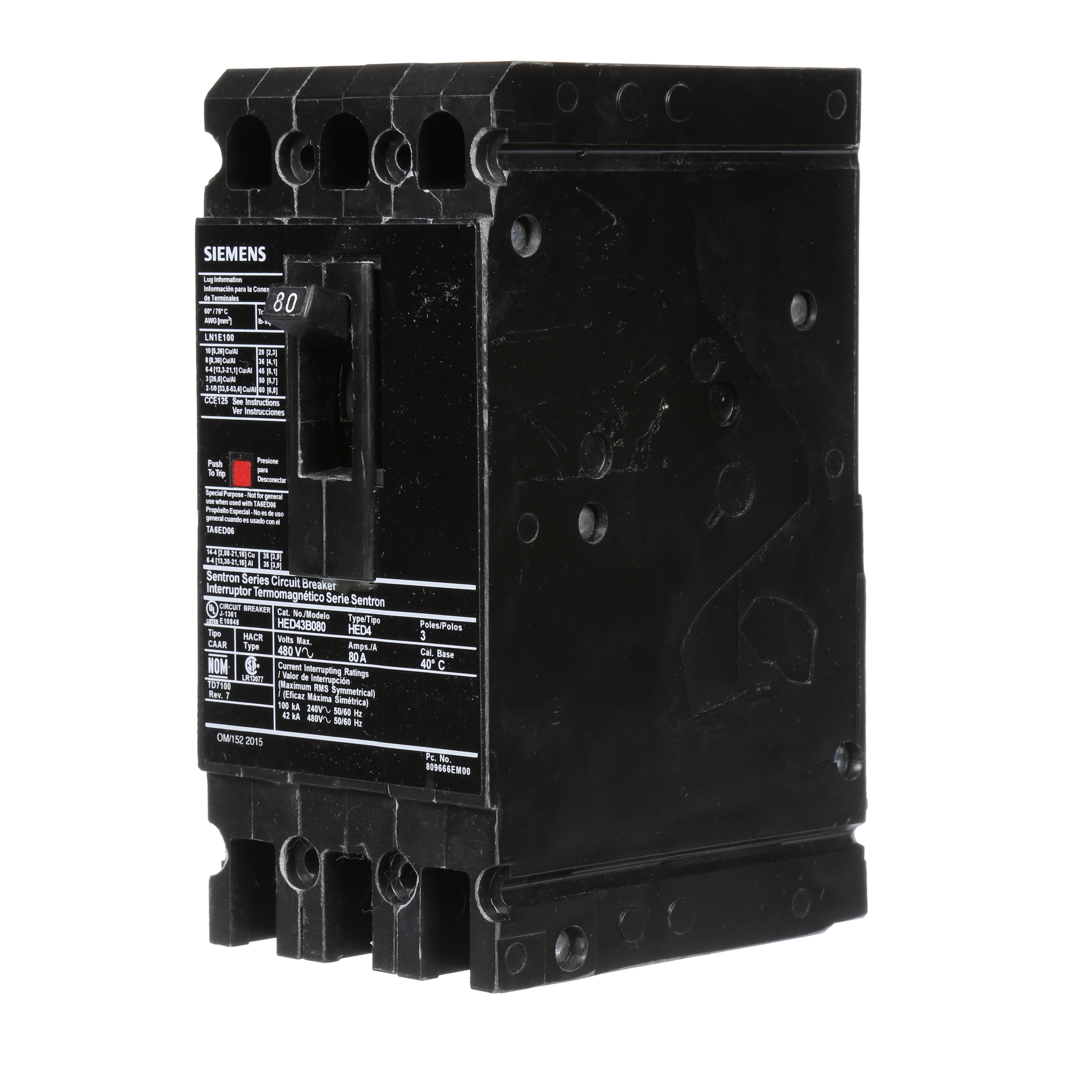 SIEMENS LOW VOLTAGE SENTRON MOLDED CASE CIRCUIT BREAKER WITH THERMAL - MAGNETICTRIP UNIT. STANDARD 40 DEG C BREAKER ED FRAME WITH HIGH BREAKING CAPACITY. 80A 3-POLE (42KAIC AT 480V). NON-INTERCHANGEABLE TRIP UNIT. SPECIAL FEATURES LOAD LUGS ONLY (LN1E100) WIRE RANGE 10 - 1/0AWG (CU/AL). DIMENSIONS (W x H x D) IN 3.00x 6.4 x 3.92.