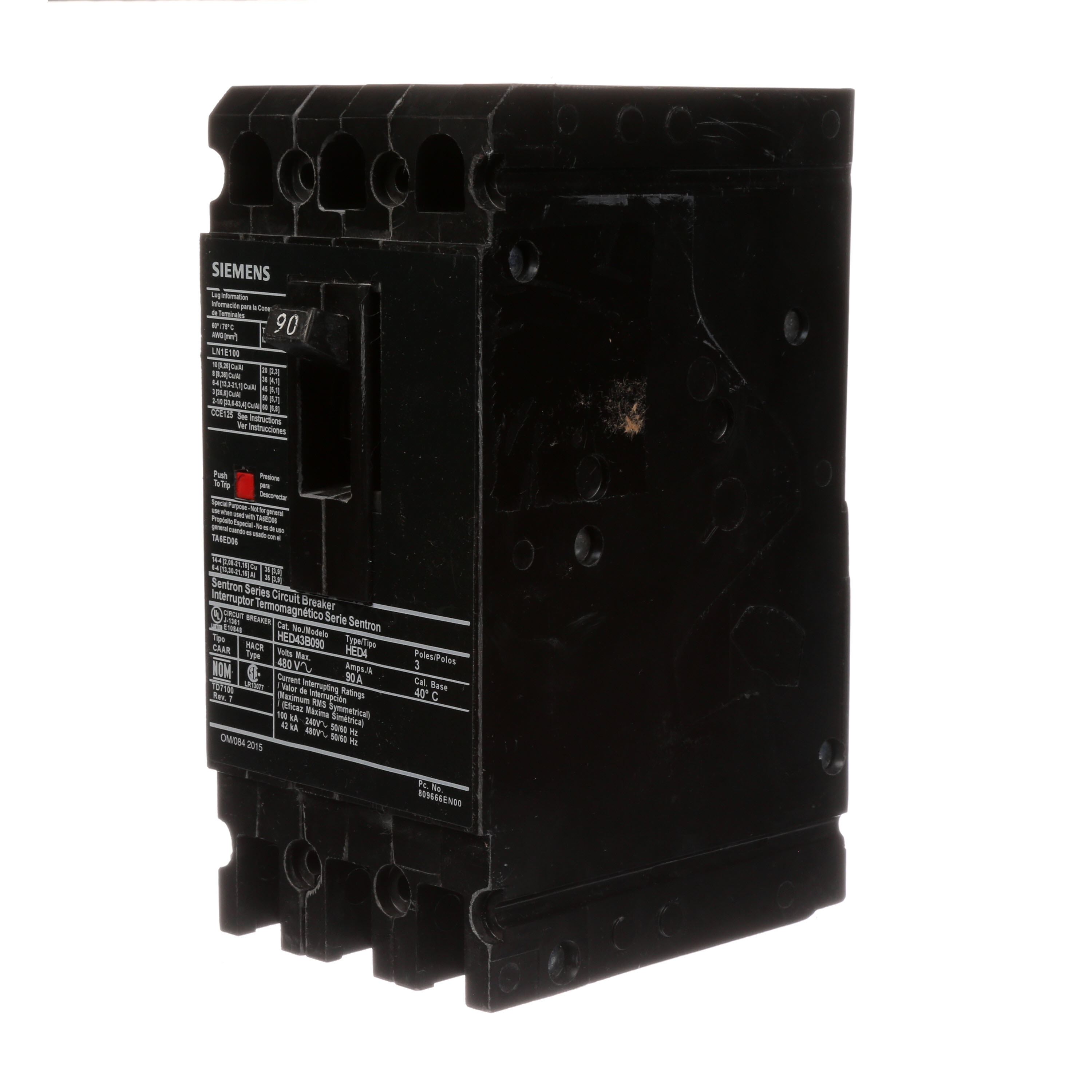 SIEMENS LOW VOLTAGE SENTRON MOLDED CASE CIRCUIT BREAKER WITH THERMAL - MAGNETICTRIP UNIT. STANDARD 40 DEG C BREAKER ED FRAME WITH HIGH BREAKING CAPACITY. 90A 3-POLE (42KAIC AT 480V). NON-INTERCHANGEABLE TRIP UNIT. SPECIAL FEATURES LOAD LUGS ONLY (LN1E100) WIRE RANGE 10 - 1/0AWG (CU/AL). DIMENSIONS (W x H x D) IN 3.00x 6.4 x 3.92.