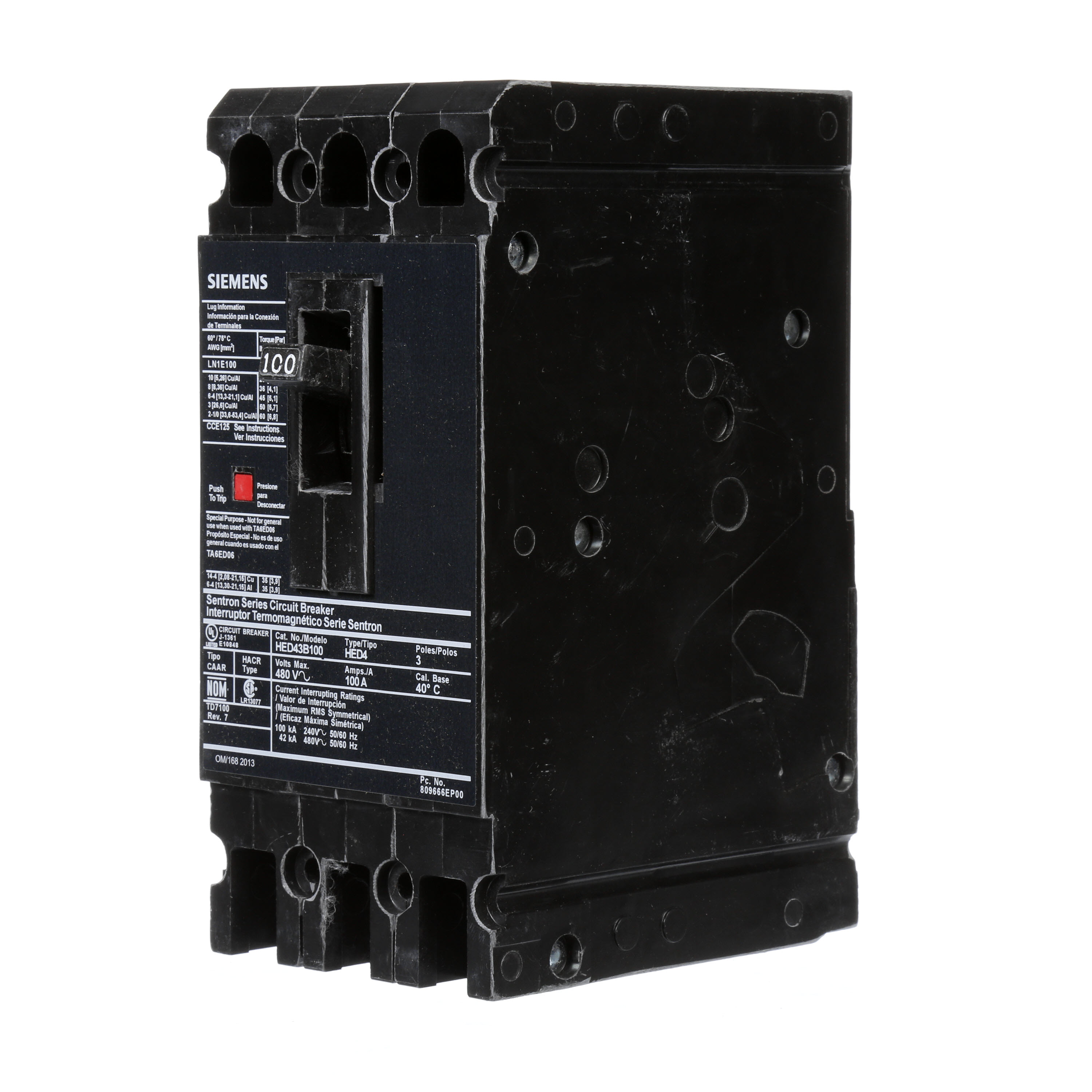 SIEMENS LOW VOLTAGE SENTRON MOLDED CASE CIRCUIT BREAKER WITH THERMAL - MAGNETICTRIP UNIT. STANDARD 40 DEG C BREAKER ED FRAME WITH HIGH BREAKING CAPACITY. 100A3-POLE (42KAIC AT 480V). NON-INTERCHANGEABLE TRIP UNIT. SPECIAL FEATURES LOAD LUGS ONLY (LN1E100) WIRE RANGE 10 - 1/0AWG (CU/AL). DIMENSIONS (W x H x D) IN 3.00 x 6.4 x 3.92.