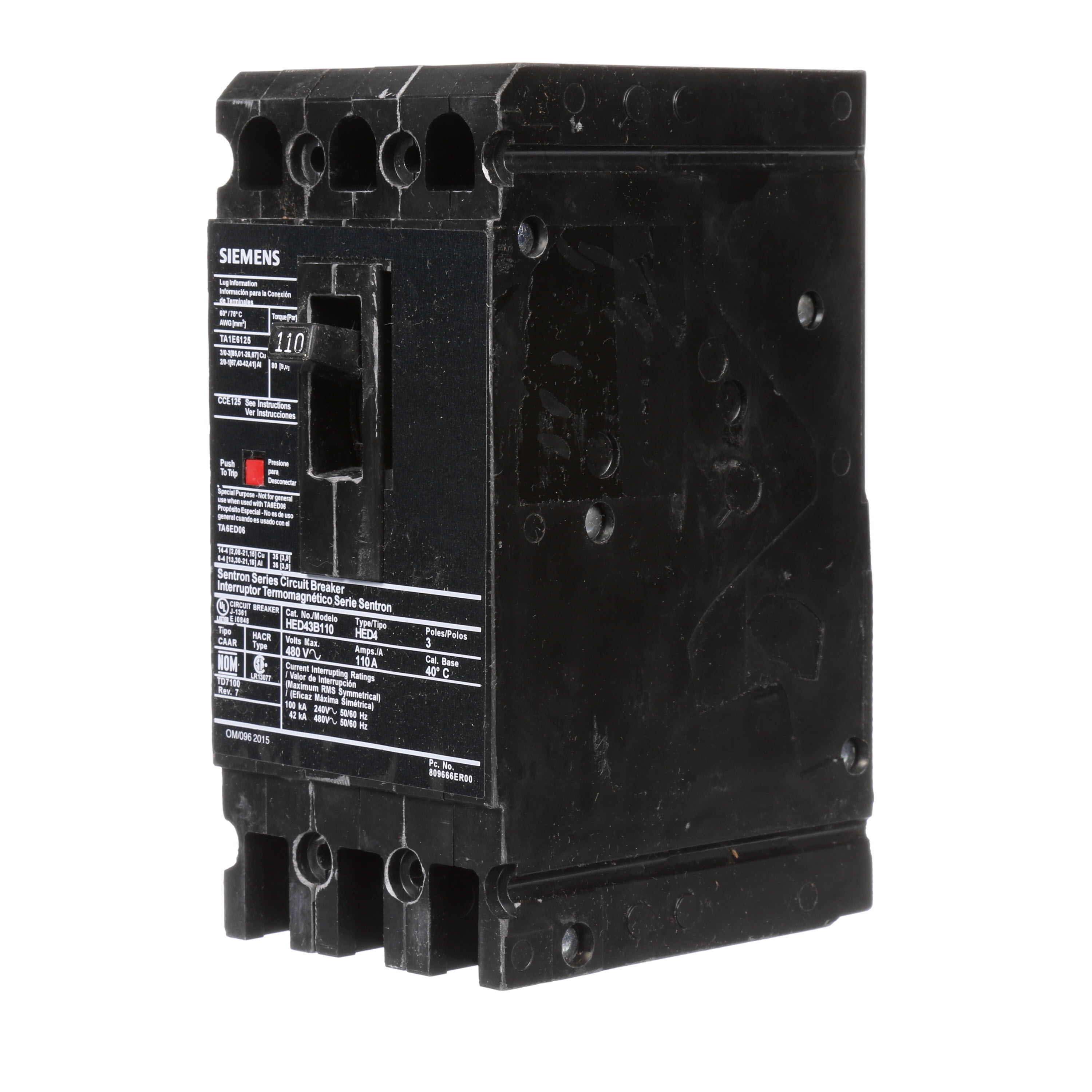 SIEMENS LOW VOLTAGE SENTRON MOLDED CASE CIRCUIT BREAKER WITH THERMAL - MAGNETICTRIP UNIT. STANDARD 40 DEG C BREAKER ED FRAME WITH HIGH BREAKING CAPACITY. 110A3-POLE (42KAIC AT 480V). NON-INTERCHANGEABLE TRIP UNIT. SPECIAL FEATURES LOAD LUGS ONLY (TA1E6125) WIRE RANGE 3 - 3/0AWG (CU) / 1 - 2/0AWG (AL). DIMENSIONS (W x H x D) IN 3.00 x 6.4 x 3.92.