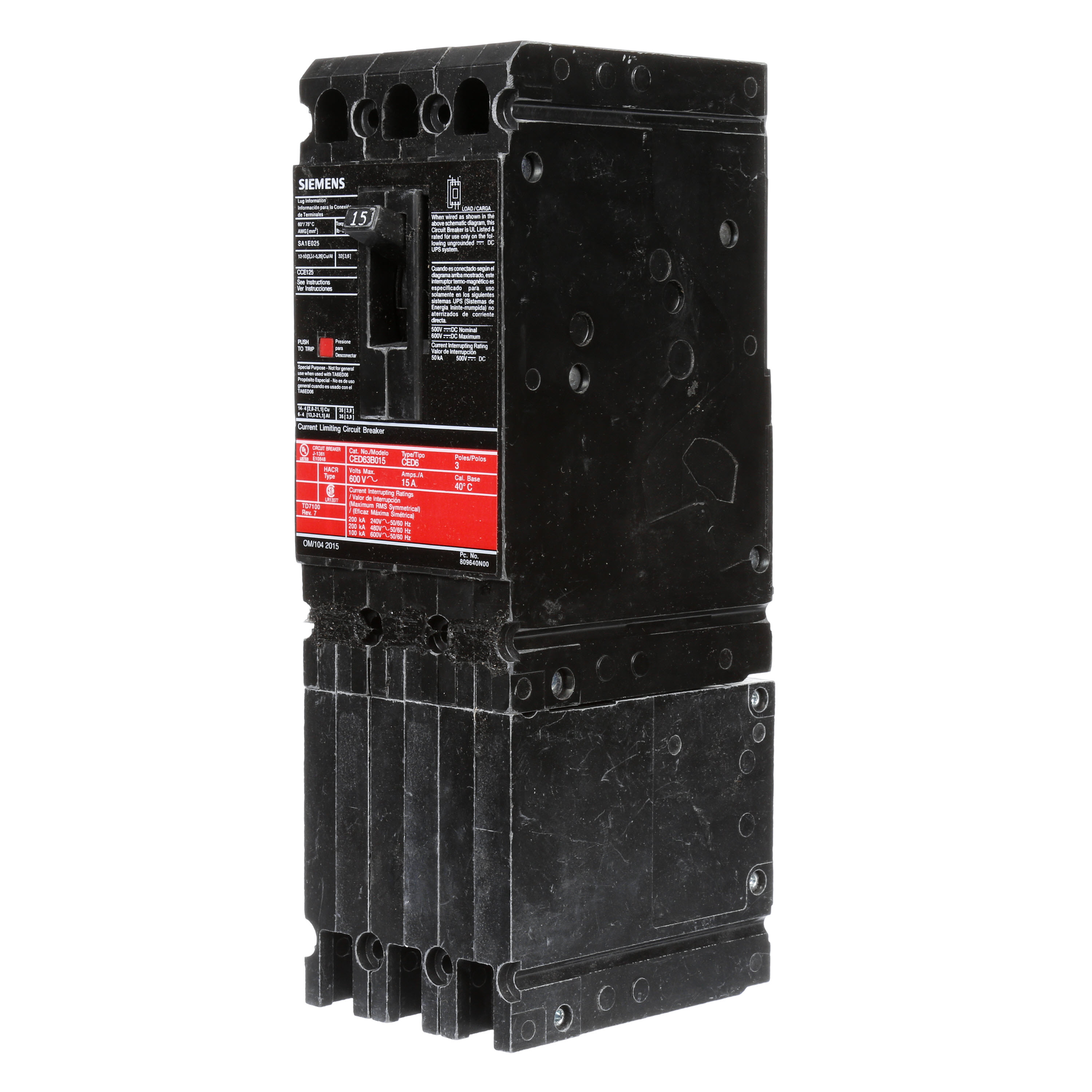 SIEMENS LOW VOLTAGE SENTRON MOLDED CASE CIRCUIT BREAKER WITH THERMAL - MAGNETICTRIP UNIT. STANDARD 40 DEG C BREAKER ED FRAME WITH FUSELESS CURRENT LIMITING BREAKING CAPACITY. 15A 3-POLE (100KAIC AT 600V) (200KAIC AT 480V). NON-INTERCHANGEABLE TRIP UNIT. SPECIAL FEATURES LOAD LUGS ONLY (SA1E025) WIRE RANGE 14 - 10AWG (CU) / 12 - 10AWG (AL). DIMENSIONS (W x H x D) IN 3.00 x 9.6 x 3.92.