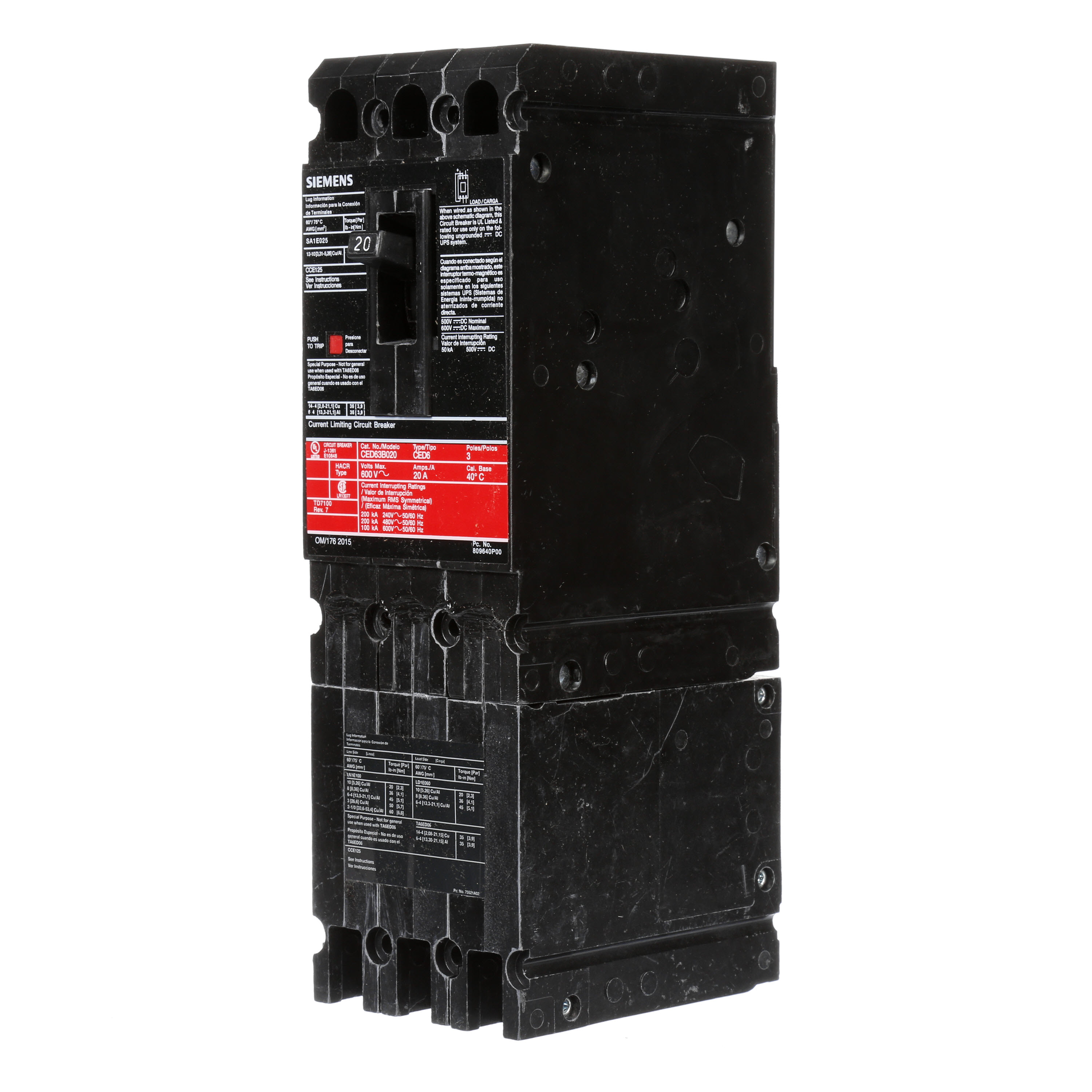 SIEMENS LOW VOLTAGE SENTRON MOLDED CASE CIRCUIT BREAKER WITH THERMAL - MAGNETICTRIP UNIT. STANDARD 40 DEG C BREAKER ED FRAME WITH FUSELESS CURRENT LIMITING BREAKING CAPACITY. 20A 3-POLE (100KAIC AT 600V) (200KAIC AT 480V). NON-INTERCHANGEABLE TRIP UNIT. SPECIAL FEATURES LOAD LUGS ONLY (SA1E025) WIRE RANGE 14 - 10AWG (CU) / 12 - 10AWG (AL). DIMENSIONS (W x H x D) IN 3.00 x 9.6 x 3.92.