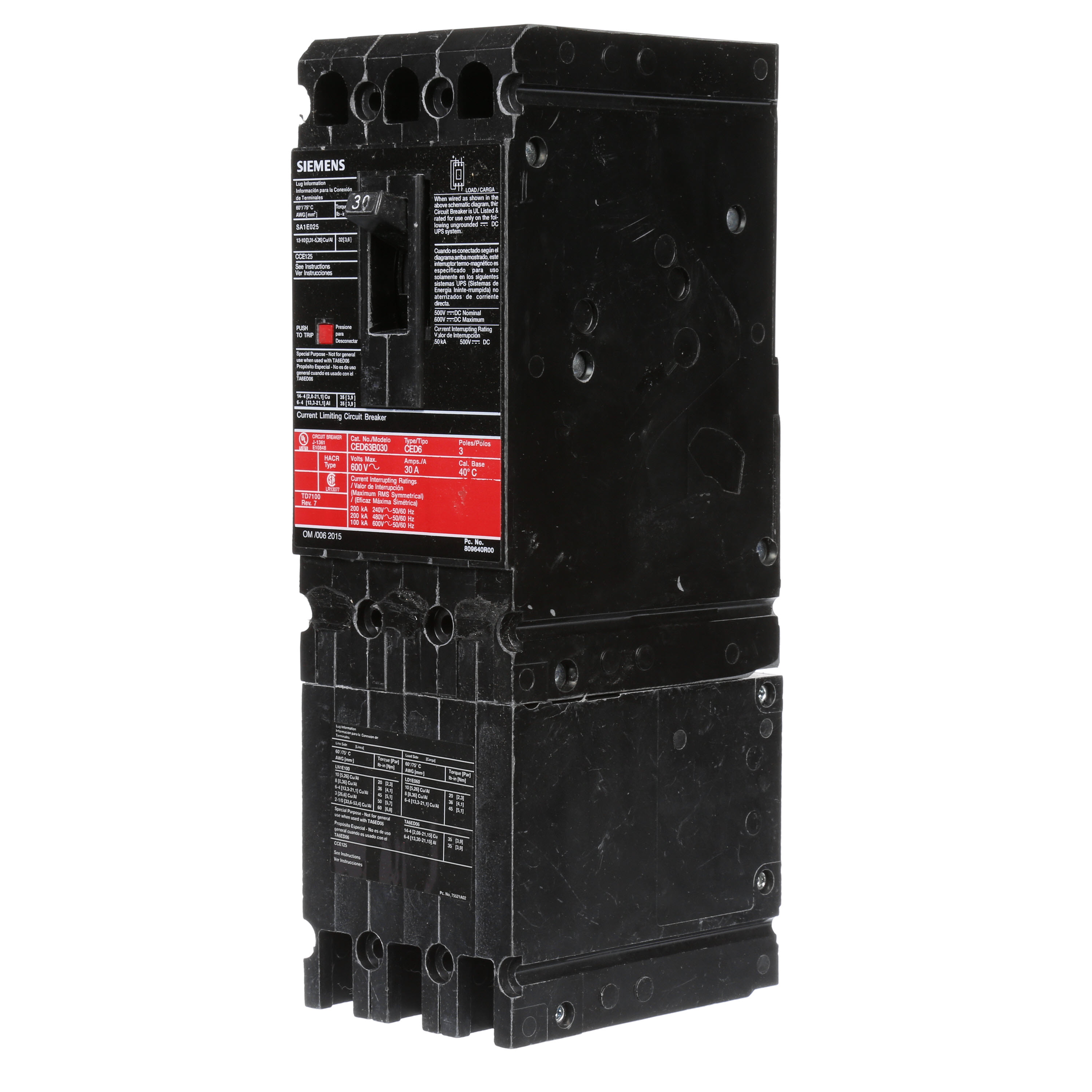 SIEMENS LOW VOLTAGE SENTRON MOLDED CASE CIRCUIT BREAKER WITH THERMAL - MAGNETICTRIP UNIT. STANDARD 40 DEG C BREAKER ED FRAME WITH FUSELESS CURRENT LIMITING BREAKING CAPACITY. 30A 3-POLE (100KAIC AT 600V) (200KAIC AT 480V). NON-INTERCHANGEABLE TRIP UNIT. SPECIAL FEATURES LOAD LUGS ONLY (LN1E100) WIRE RANGE 10 - 1/0AWG(CU/AL). DIMENSIONS (W x H x D) IN 3.00 x 9.6 x 3.92.