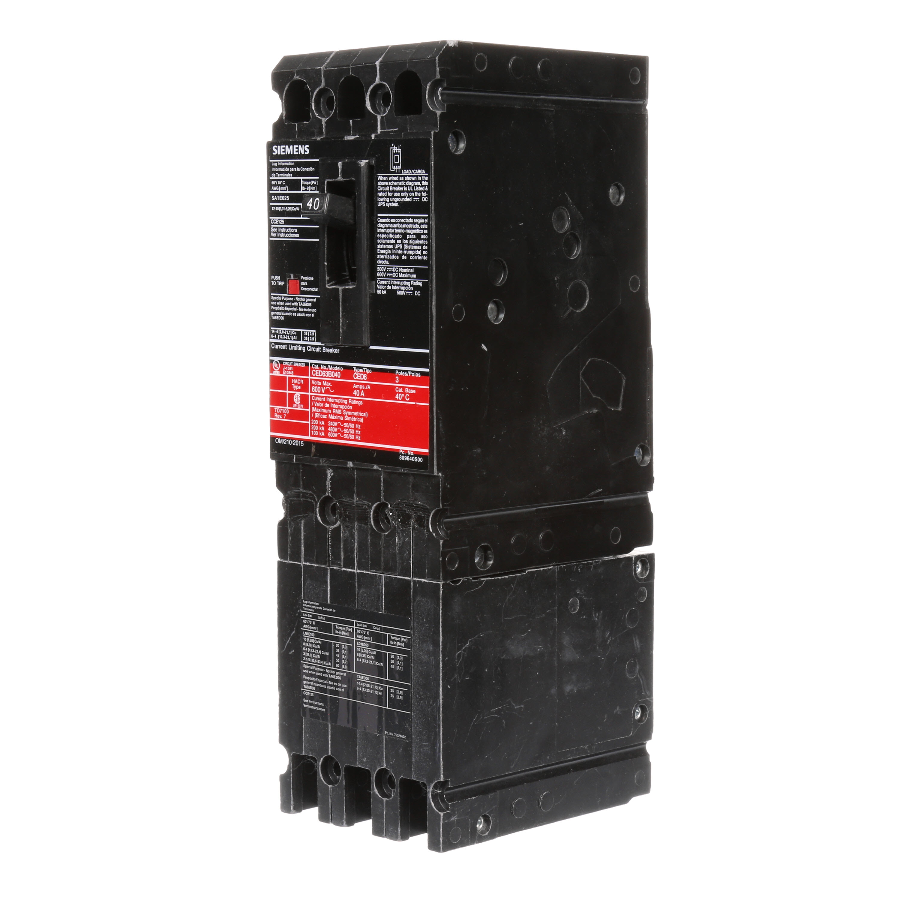 SIEMENS LOW VOLTAGE SENTRON MOLDED CASE CIRCUIT BREAKER WITH THERMAL - MAGNETICTRIP UNIT. STANDARD 40 DEG C BREAKER ED FRAME WITH FUSELESS CURRENT LIMITING BREAKING CAPACITY. 40A 3-POLE (100KAIC AT 600V) (200KAIC AT 480V). NON-INTERCHANGEABLE TRIP UNIT. SPECIAL FEATURES LOAD LUGS ONLY (LN1E100) WIRE RANGE 10 - 1/0AWG(CU/AL). DIMENSIONS (W x H x D) IN 3.00 x 9.6 x 3.92.