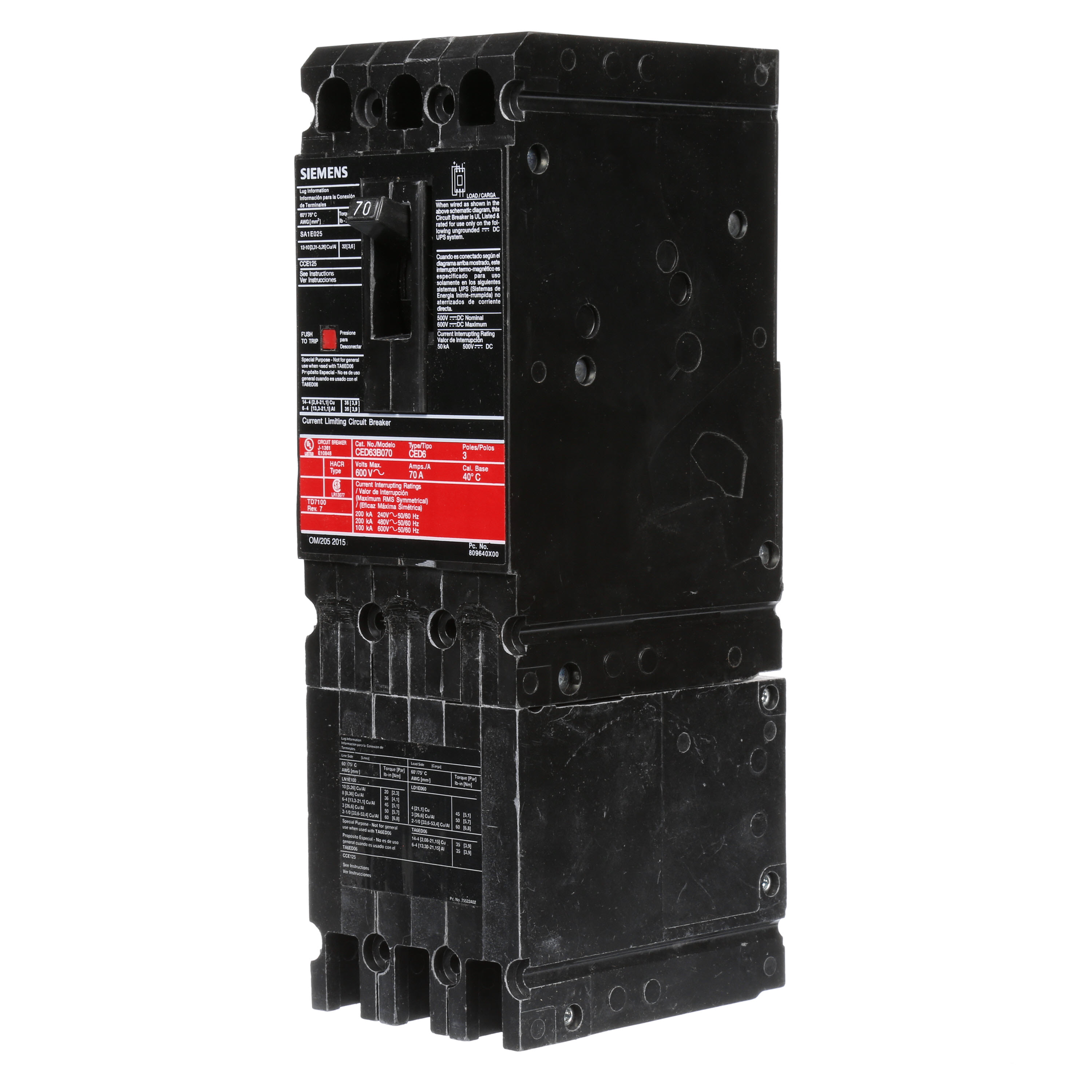 SIEMENS LOW VOLTAGE SENTRON MOLDED CASE CIRCUIT BREAKER WITH THERMAL - MAGNETICTRIP UNIT. STANDARD 40 DEG C BREAKER ED FRAME WITH FUSELESS CURRENT LIMITING BREAKING CAPACITY. 70A 3-POLE (100KAIC AT 600V) (200KAIC AT 480V). NON-INTERCHANGEABLE TRIP UNIT. SPECIAL FEATURES LOAD LUGS ONLY (LN1E100) WIRE RANGE 10 - 1/0AWG(CU/AL). DIMENSIONS (W x H x D) IN 3.00 x 9.6 x 3.92.