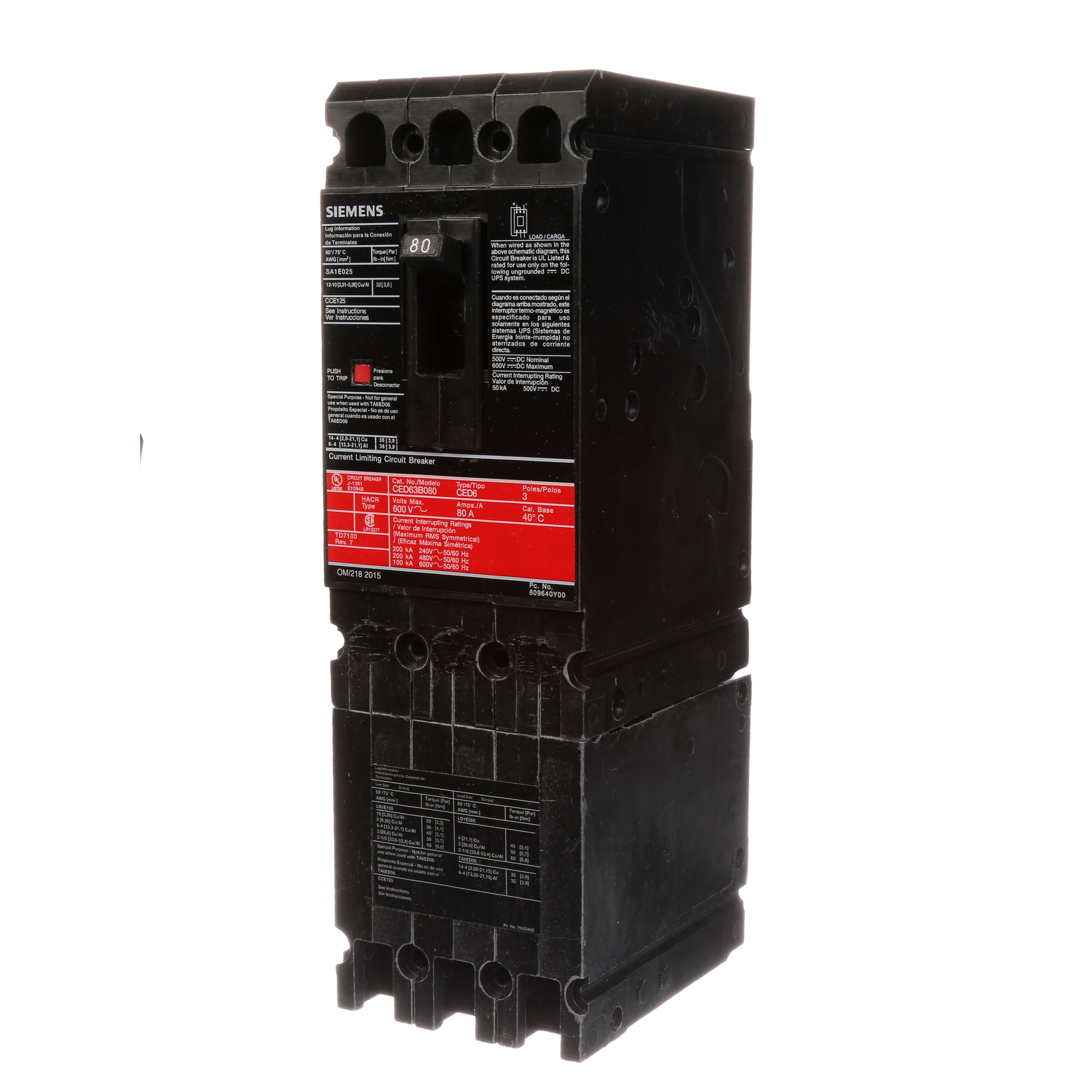 Product image for Siemens CED63B080 ED,100kA@600V,
