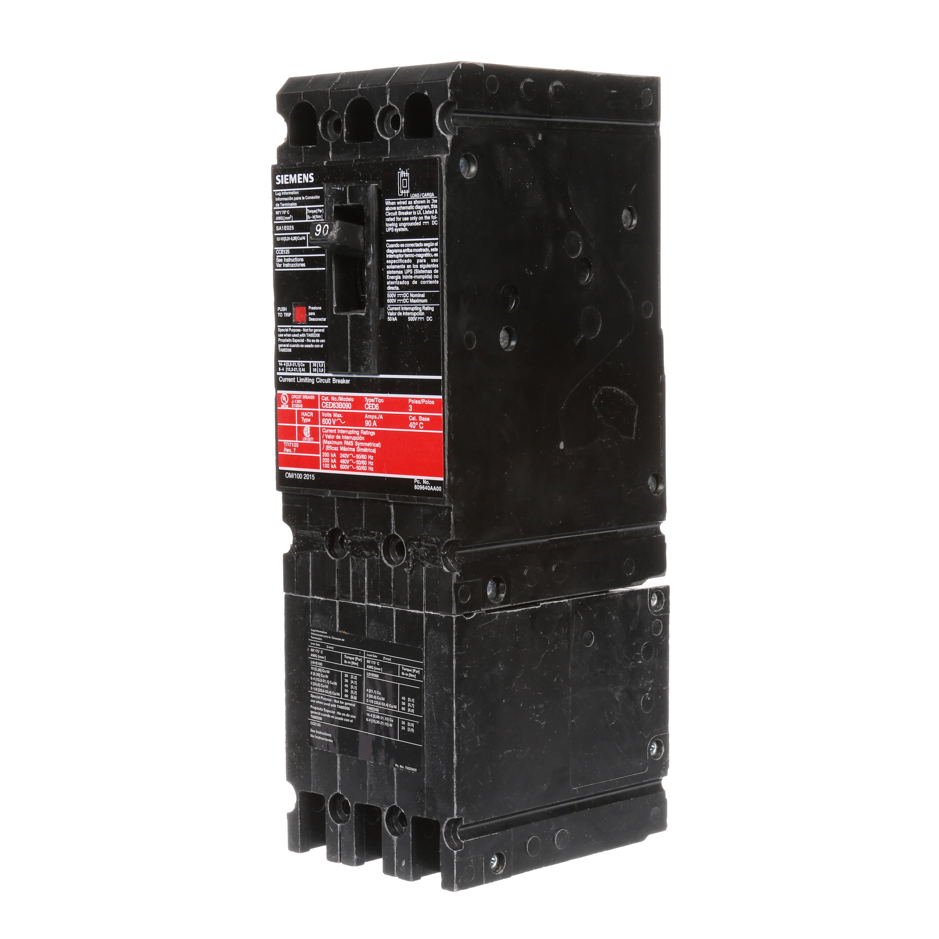 SIEMENS LOW VOLTAGE SENTRON MOLDED CASE CIRCUIT BREAKER WITH THERMAL - MAGNETICTRIP UNIT. STANDARD 40 DEG C BREAKER ED FRAME WITH FUSELESS CURRENT LIMITING BREAKING CAPACITY. 90A 3-POLE (100KAIC AT 600V) (200KAIC AT 480V). NON-INTERCHANGEABLE TRIP UNIT. SPECIAL FEATURES LOAD LUGS ONLY (LN1E100) WIRE RANGE 10 - 1/0AWG(CU/AL). DIMENSIONS (W x H x D) IN 3.00 x 9.6 x 3.92.