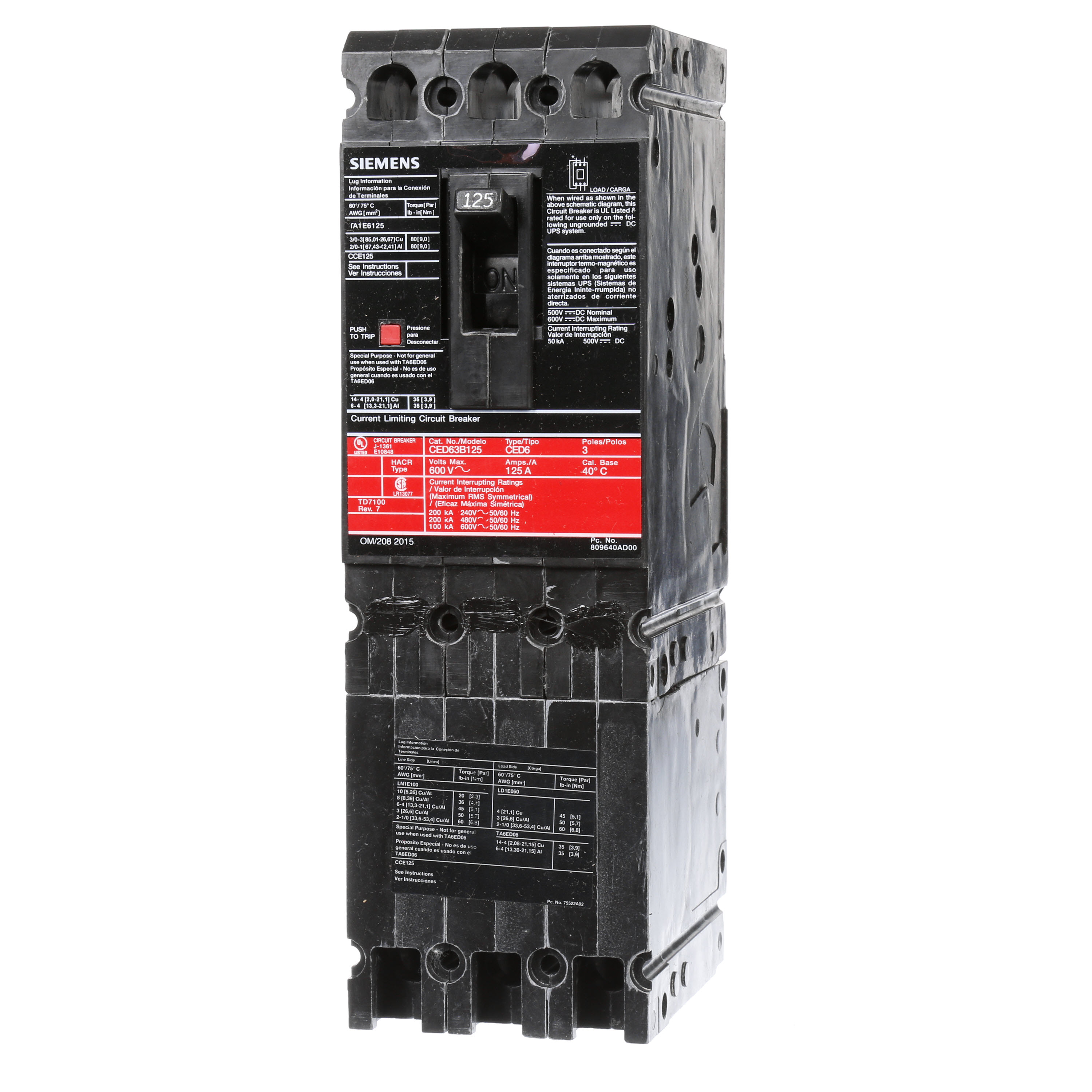 SIEMENS LOW VOLTAGE SENTRON MOLDED CASE CIRCUIT BREAKER WITH THERMAL - MAGNETICTRIP UNIT. STANDARD 40 DEG C BREAKER ED FRAME WITH FUSELESS CURRENT LIMITING BREAKING CAPACITY. 125A 2-POLE (100KAIC AT 600V) (200KAIC AT 480V). NON-INTERCHANGEABLE TRIP UNIT. SPECIAL FEATURES LOAD LUGS ONLY (TA1E6125) WIRE RANGE 3 - 3/0AWG (CU) / 1 - 2/0AWG (AL). DIMENSIONS (W x H x D) IN 2.00 x 9.6 x 3.92.