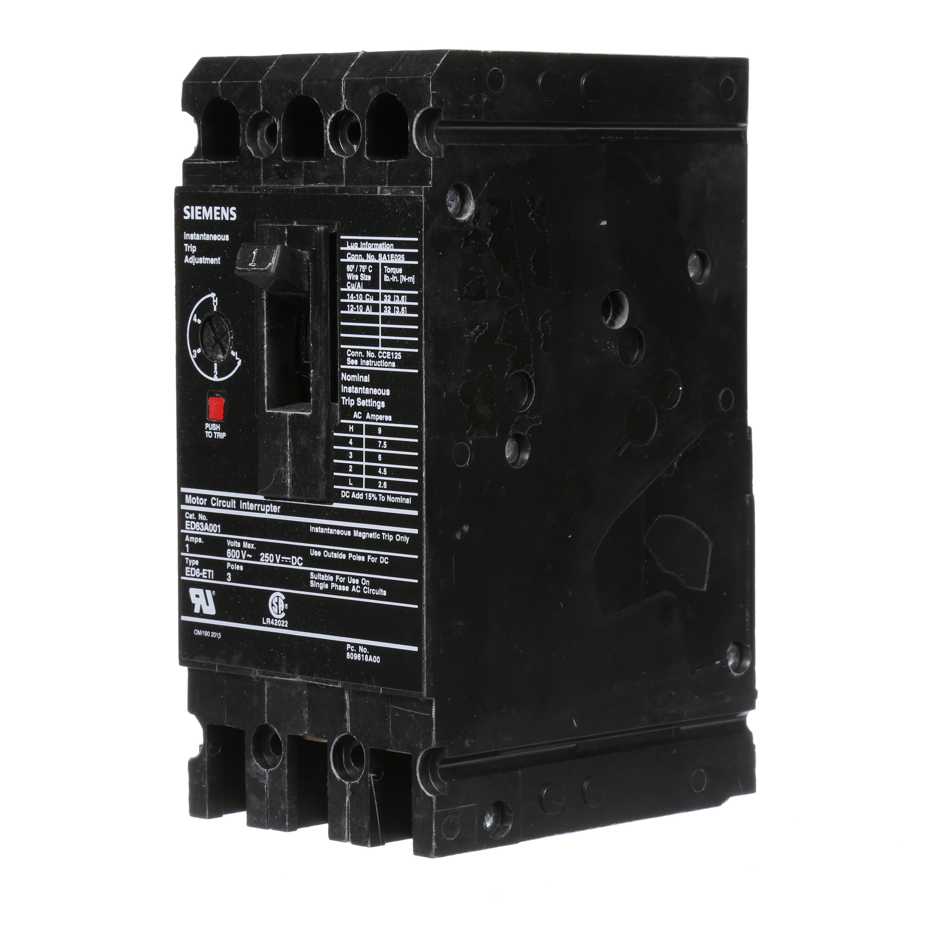 SIEMENS LOW VOLTAGE SENTRON MOLDED CASE CIRCUIT BREAKER WITH MAGNETIC TRIP ONLYUNIT. STANDARD RANGE ETI BREAKER ED FRAME WITH STAND ARDBREAKING CAPACITY. MEETS UL 489 / IEC 60947-2 STANDARDS. 1A 3-POLEBREAKER (18KAIC AT 600V) (25KAIC AT 480V). SPECIAL FEATURES LOAD LUGSONLY (SA1E025) WIRE RANGE 14 - 10AWG (CU) / 12 -10AWG (AL). DIMENSIONS(W x H x D) IN 3 x 6.35 x 3.92._____________________ ___________________________________________________