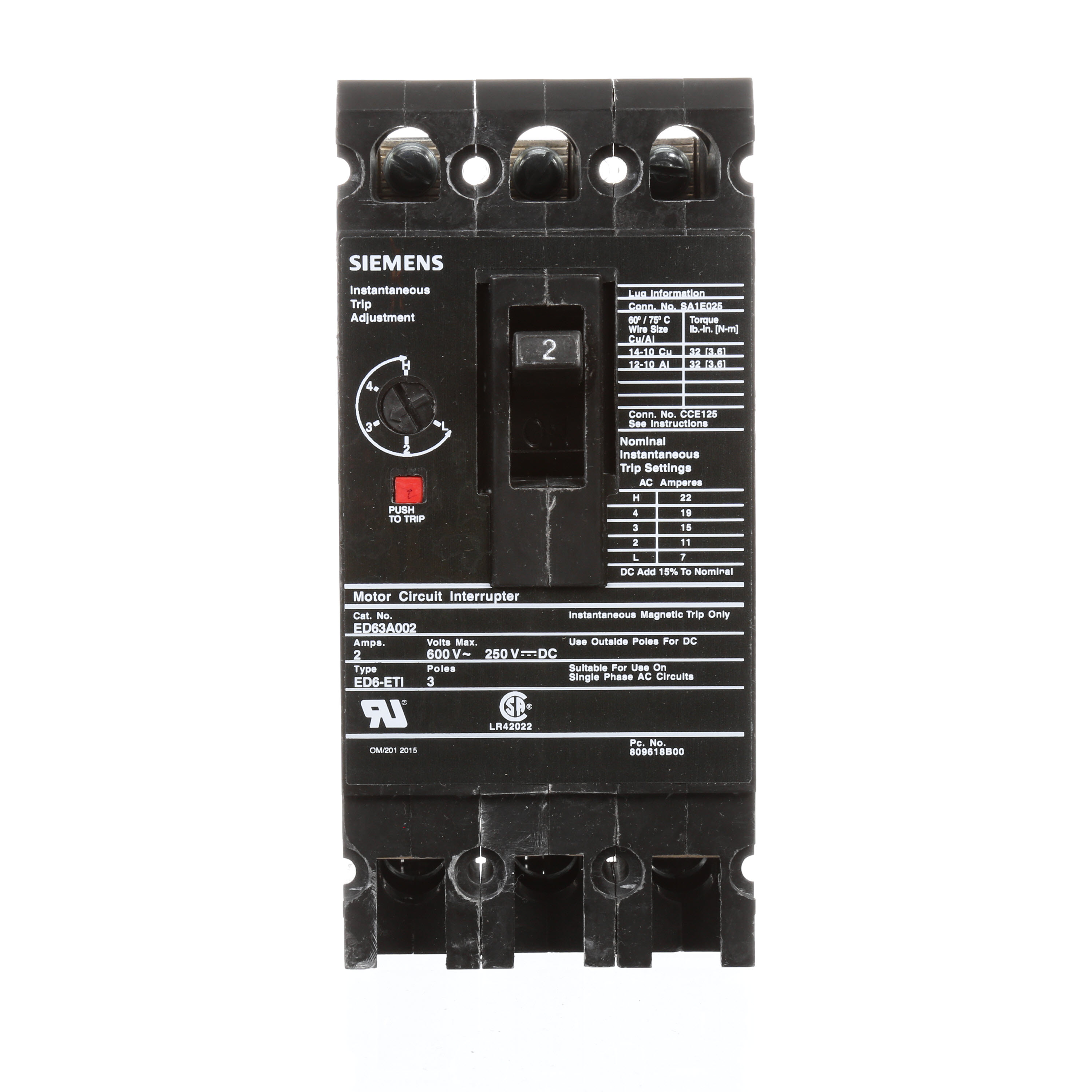 SIEMENS LOW VOLTAGE SENTRON MOLDED CASE CIRCUIT BREAKER WITH MAGNETIC TRIP ONLYUNIT. STANDARD RANGE ETI BREAKER ED FRAME WITH STAND ARDBREAKING CAPACITY. MEETS UL 489 / IEC 60947-2 STANDARDS. 2A 3-POLEBREAKER (18KAIC AT 600V) (25KAIC AT 480V). SPECIAL FEATURES LOAD LUGSONLY (SA1E025) WIRE RANGE 14 - 10AWG (CU) / 12 -10AWG (AL). DIMENSIONS(W x H x D) IN 3 x 6.35 x 3.92._____________________ ___________________________________________________