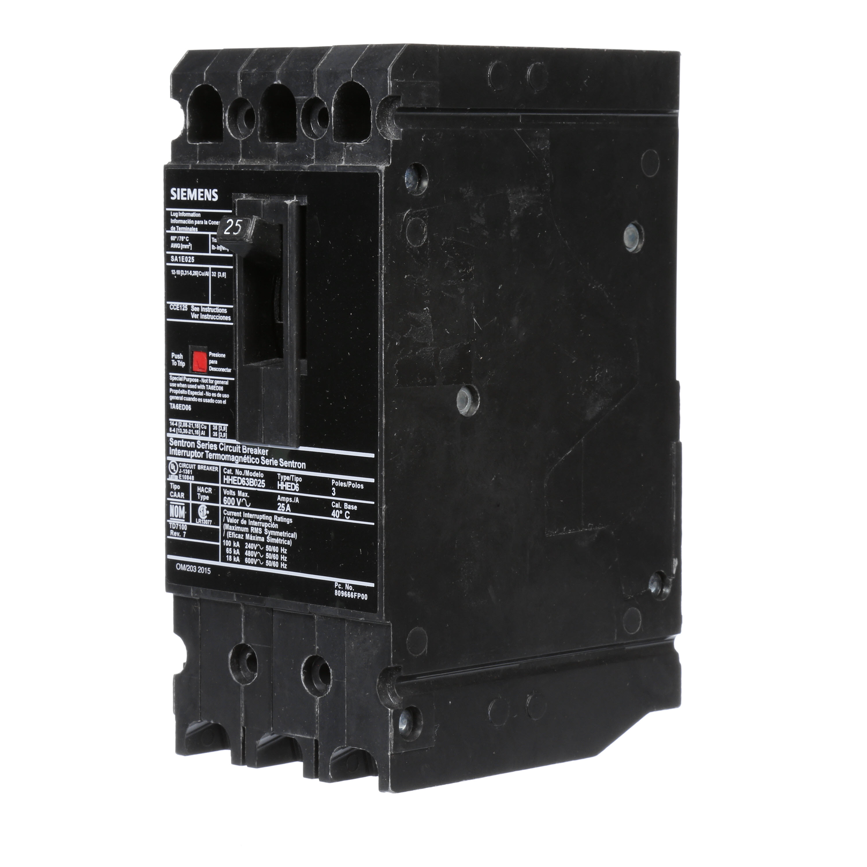 SIEMENS LOW VOLTAGE SENTRON MOLDED CASE CIRCUIT BREAKER WITH MAGNETIC TRIP ONLYUNIT. STANDARD RANGE ETI BREAKER ED FRAME WITH STAND ARDBREAKING CAPACITY. MEETS UL 489 / IEC 60947-2 STANDARDS. 3A 3-POLEBREAKER (18KAIC AT 600V) (25KAIC AT 480V). SPECIAL FEATURES LOAD LUGSONLY (SA1E025) WIRE RANGE 14 - 10AWG (CU) / 12 -10AWG (AL). DIMENSIONS(W x H x D) IN 3 x 6.35 x 3.92._____________________ ___________________________________________________