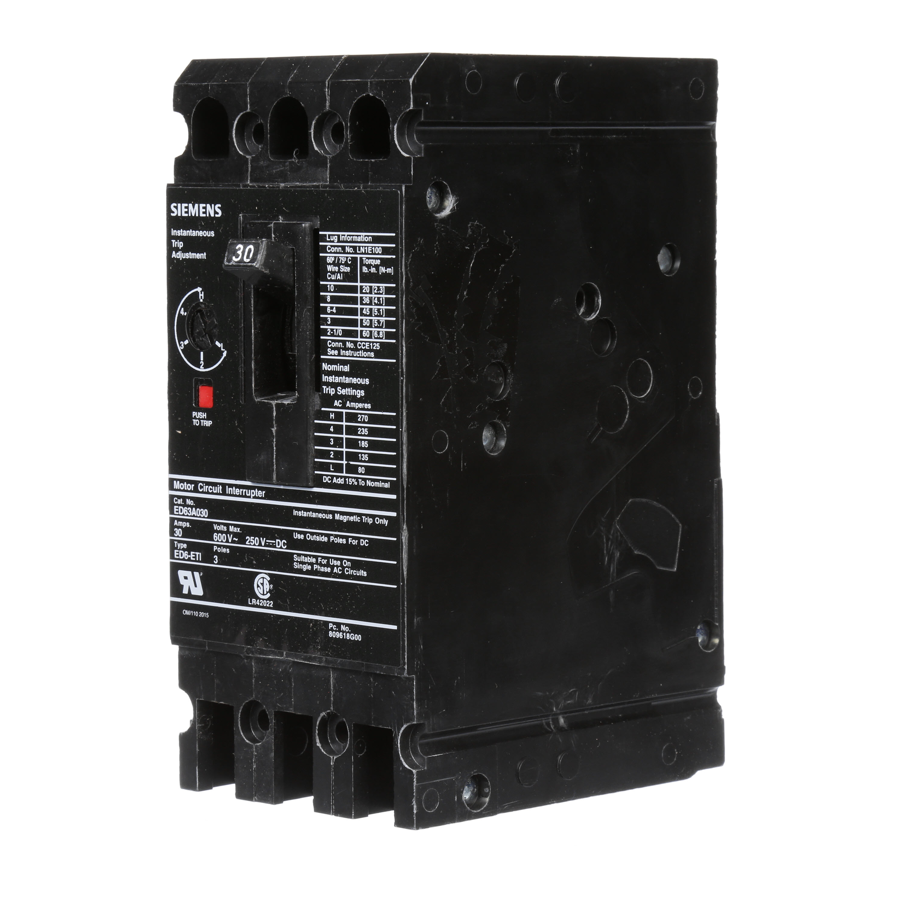 SIEMENS LOW VOLTAGE SENTRON MOLDED CASE CIRCUIT BREAKER WITH THERMAL - MAGNETICTRIP UNIT. STANDARD RANGE ETI BREAKER ED FRAME WITH STANDARD BREAKING CAPACITY.MEETS UL 489 / IEC 60947-2 STANDARDS. 30A 3-POLE BREAKER (18KAIC AT 600V) (25KAIC AT 480V). SPECIAL FEATURES LOAD LUGS ONLY (LN1E100) WIRE RANGE 10 - 1/0AWG (CU/AL). DIMENSIONS (W x H x D) IN 3 x 6.35 x 3.92.