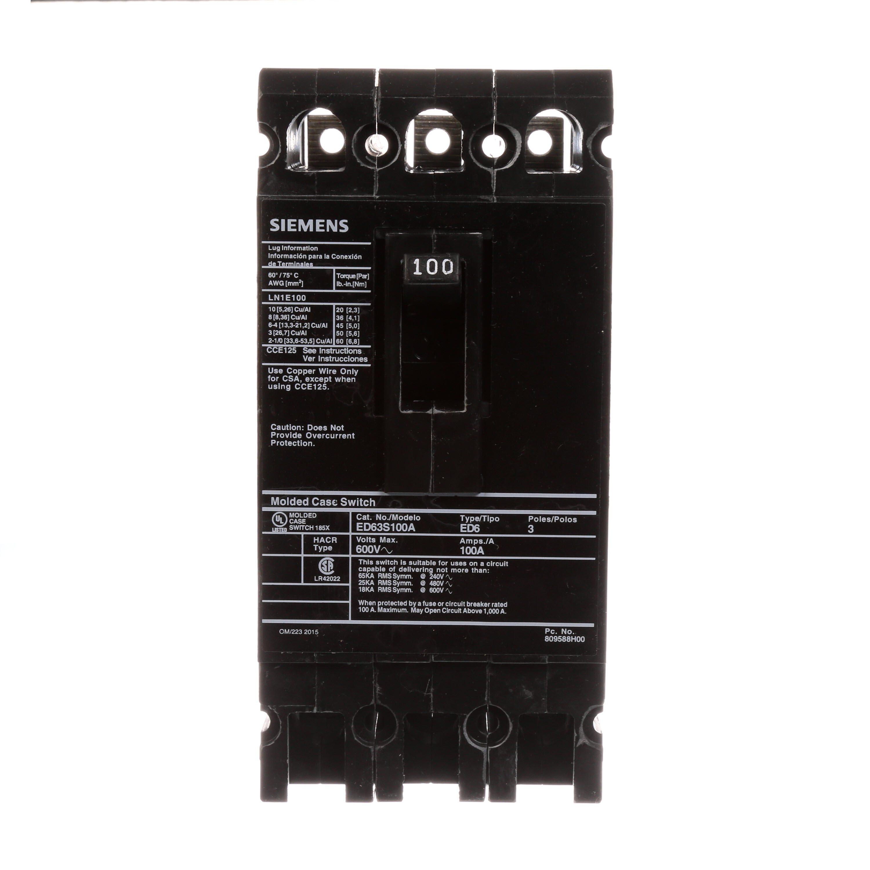 SIEMENS LOW VOLTAGE SENTRON MOLDED CASE CIRCUIT BREAKER WITH MAGNETIC ONLY TRIPUNIT. MOLDED CASE SWITCH (BREAKER) ED FRAME WITH STANDARD BREAKING CAPACITY. 100A 3-POLE 600V 1000A SELF-PROTECTIVE INSTANTANEOUS OVERRIDE. NON-INTERCHANGEABLETRIP UNIT. SPECIAL FEATURES LOAD LUGS ONLY (LN1E100) WIRE RANGE 10 - 1/0AWG (CU/AL). DIMENSIONS (W x H x D) IN 3.00 x 6.4 x 3.92.