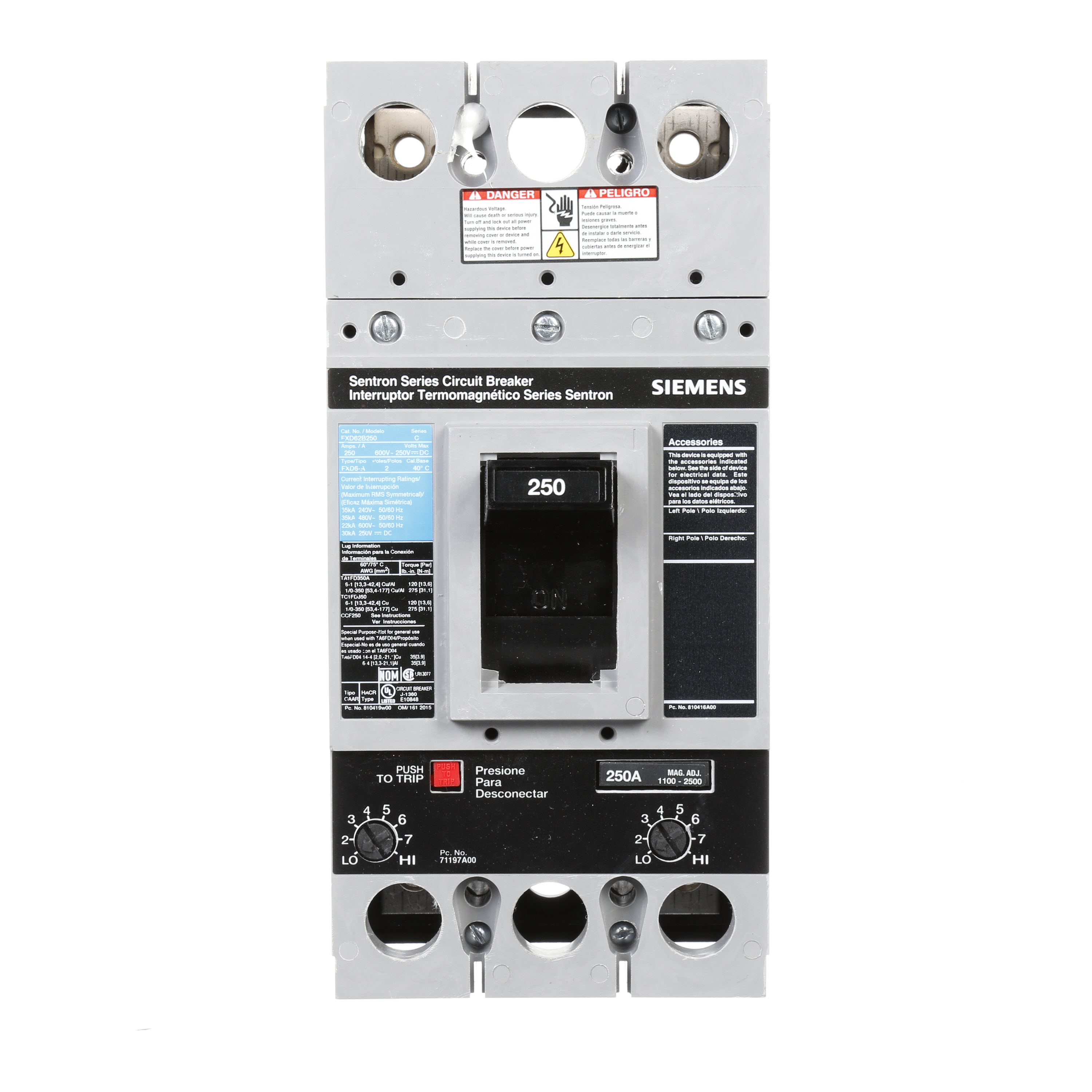 SIEMENS LOW VOLTAGE SENTRON MOLDED CASE CIRCUIT BREAKER WITH THERMAL - MAGNETICTRIP UNIT. ASSEMBLED STANDARD 40 DEG C BREAKER FD FRAME WITH STANDARD BREAKING CAPACITY. 250A 2-POLE (22KAIC AT 600V) (35KAIC AT 480V). NON-INTERCHANGEABLE TRIP UNIT. SPECIAL FEATURES NO LUGS INSTALLED. DIMENSIONS (W x H x D) IN 4.50 x 9.5x 4.00.