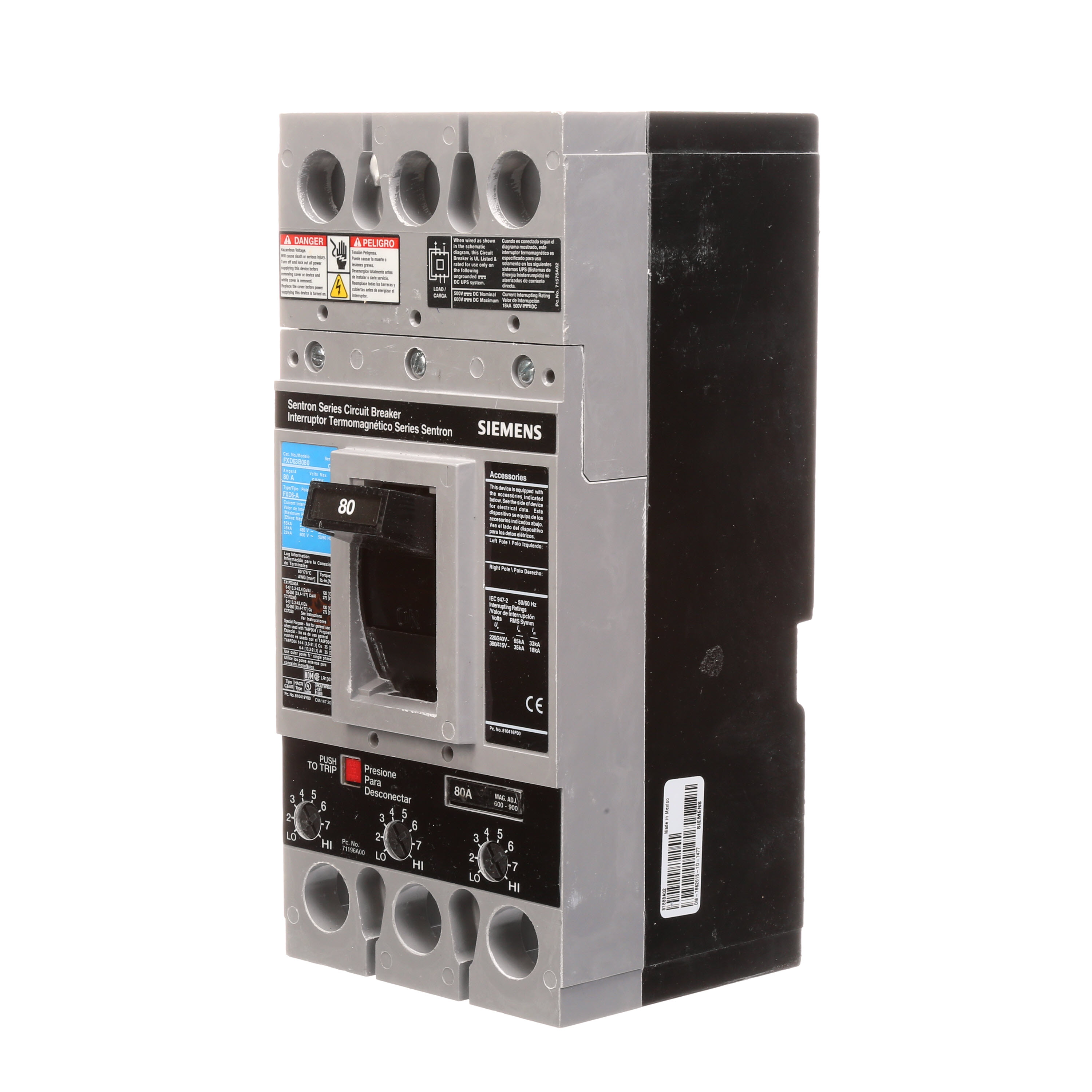 SIEMENS LOW VOLTAGE SENTRON MOLDED CASE CIRCUIT BREAKER WITH THERMAL - MAGNETICTRIP UNIT. ASSEMBLED STANDARD 40 DEG C BREAKER FD FRAME WITH STANDARD BREAKING CAPACITY. 80A 3-POLE (22KAIC AT 600V) (35KAIC AT 480V). NON-INTERCHANGEABLE TRIPUNIT. SPECIAL FEATURES NO LUGS INSTALLED. DIMENSIONS (W x H x D) IN 4.50 x 9.5 x 4.00.