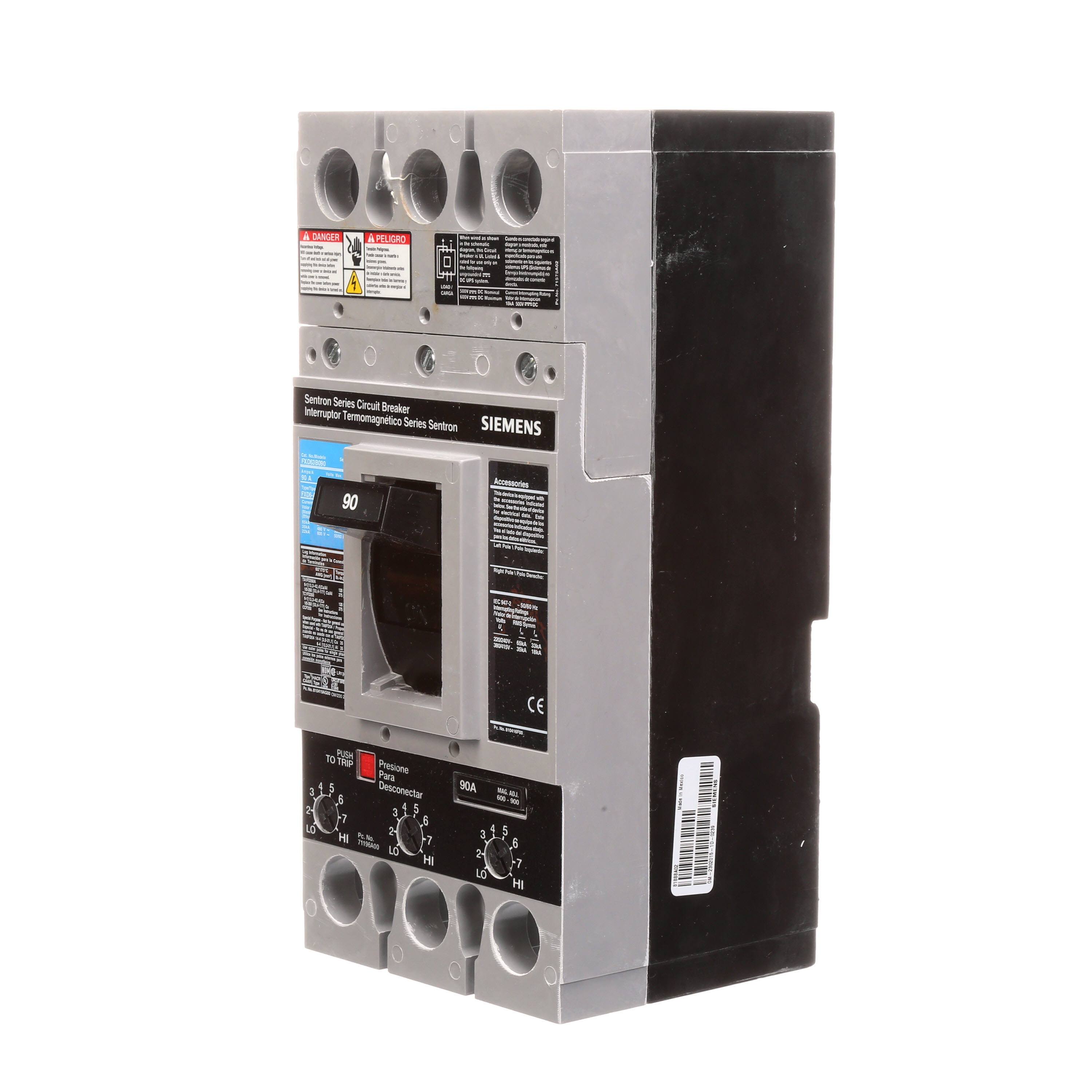 SIEMENS LOW VOLTAGE SENTRON MOLDED CASE CIRCUIT BREAKER WITH THERMAL - MAGNETICTRIP UNIT. ASSEMBLED STANDARD 40 DEG C BREAKER FD FRAME WITH STANDARD BREAKING CAPACITY. 90A 3-POLE (22KAIC AT 600V) (35KAIC AT 480V). NON-INTERCHANGEABLE TRIPUNIT. SPECIAL FEATURES NO LUGS INSTALLED. DIMENSIONS (W x H x D) IN 4.50 x 9.5 x 4.00.