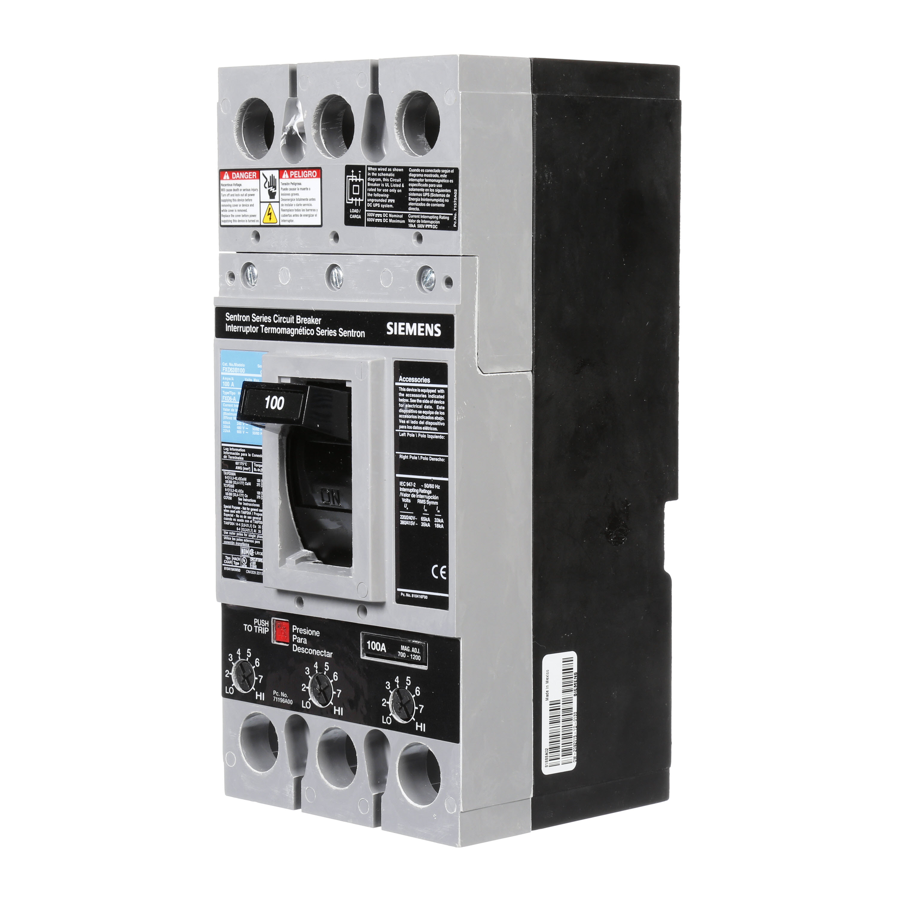 SIEMENS LOW VOLTAGE SENTRON MOLDED CASE CIRCUIT BREAKER WITH THERMAL - MAGNETICTRIP UNIT. ASSEMBLED STANDARD 40 DEG C BREAKER FD FRAME WITH STANDARD BREAKING CAPACITY. 100A 3-POLE (22KAIC AT 600V) (35KAIC AT 480V). NON-INTERCHANGEABLE TRIP UNIT. SPECIAL FEATURES NO LUGS INSTALLED. DIMENSIONS (W x H x D) IN 4.50 x 9.5x 4.00.