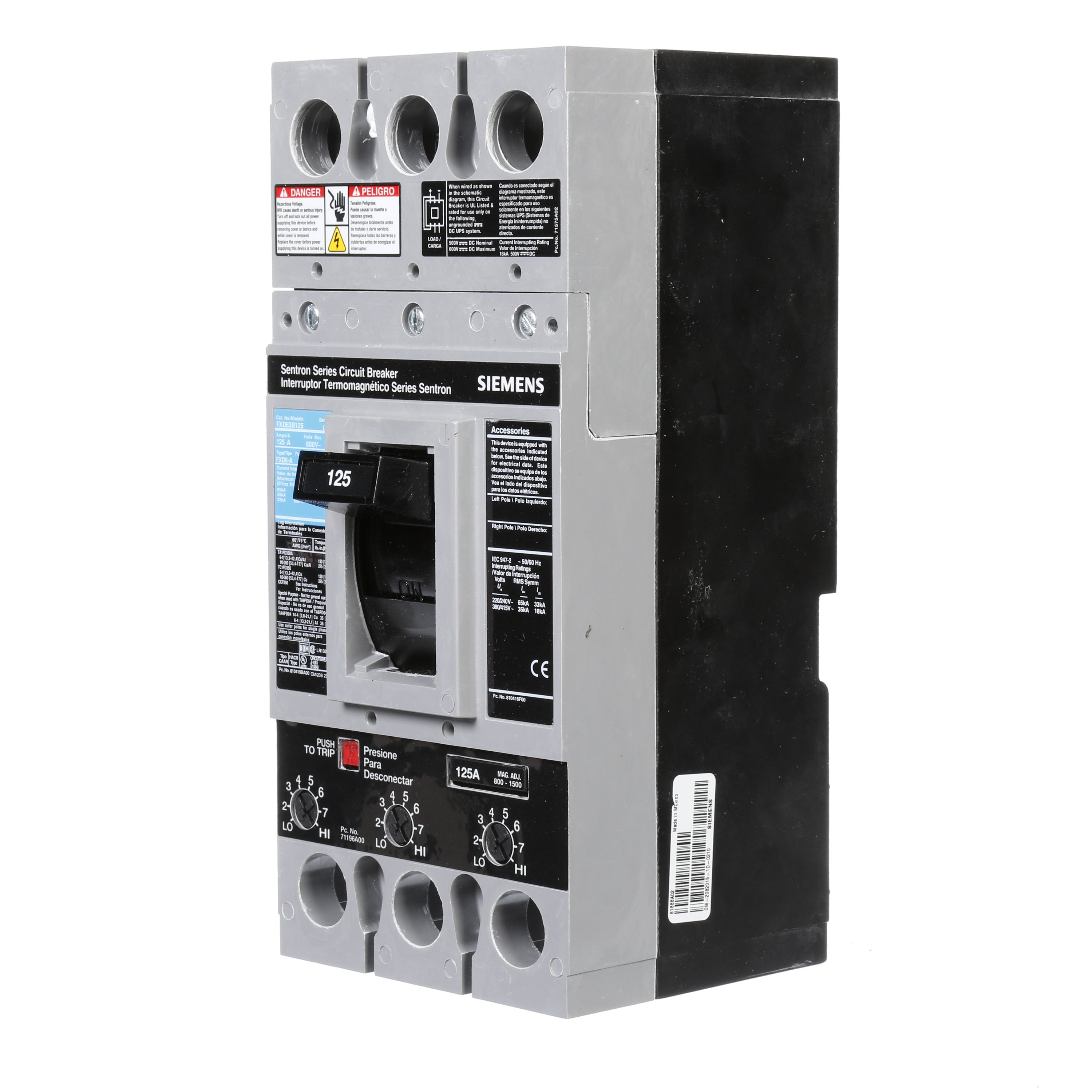 SIEMENS LOW VOLTAGE SENTRON MOLDED CASE CIRCUIT BREAKER WITH THERMAL - MAGNETICTRIP UNIT. ASSEMBLED STANDARD 40 DEG C BREAKER FD FRAME WITH STANDARD BREAKING CAPACITY. 125A 3-POLE (22KAIC AT 600V) (35KAIC AT 480V). NON-INTERCHANGEABLE TRIP UNIT. SPECIAL FEATURES NO LUGS INSTALLED. DIMENSIONS (W x H x D) IN 4.50 x 9.5x 4.00.