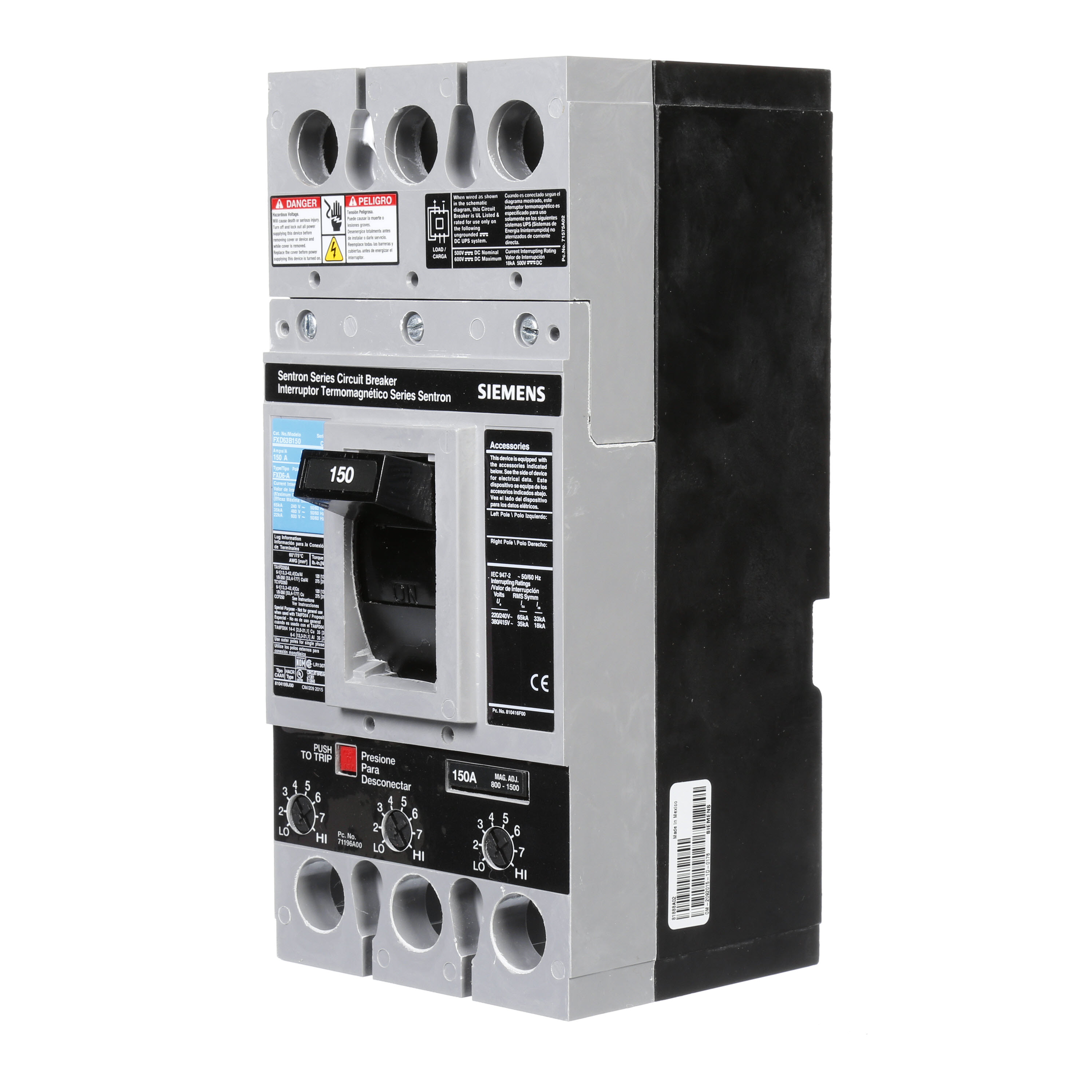 SIEMENS LOW VOLTAGE SENTRON MOLDED CASE CIRCUIT BREAKER WITH THERMAL - MAGNETICTRIP UNIT. ASSEMBLED STANDARD 40 DEG C BREAKER FD FRAME WITH STANDARD BREAKING CAPACITY. 150A 3-POLE (22KAIC AT 600V) (35KAIC AT 480V). NON-INTERCHANGEABLE TRIP UNIT. SPECIAL FEATURES NO LUGS INSTALLED. DIMENSIONS (W x H x D) IN 4.50 x 9.5x 4.00.