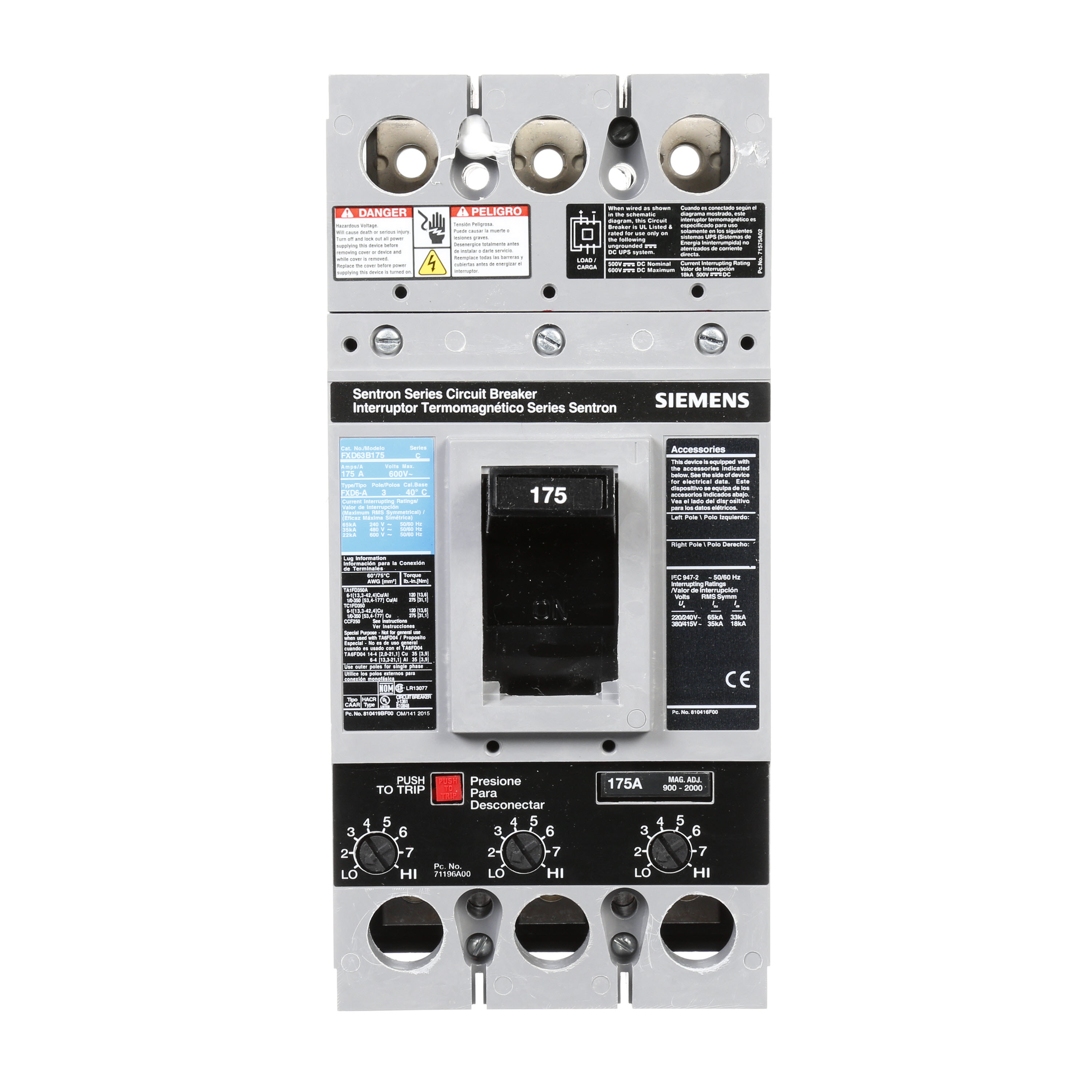 SIEMENS LOW VOLTAGE SENTRON MOLDED CASE CIRCUIT BREAKER WITH THERMAL - MAGNETICTRIP UNIT. ASSEMBLED STANDARD 40 DEG C BREAKER FD FRAME WITH STANDARD BREAKING CAPACITY. 175A 3-POLE (22KAIC AT 600V) (35KAIC AT 480V). NON-INTERCHANGEABLE TRIP UNIT. SPECIAL FEATURES NO LUGS INSTALLED. DIMENSIONS (W x H x D) IN 4.50 x 9.5x 4.00.