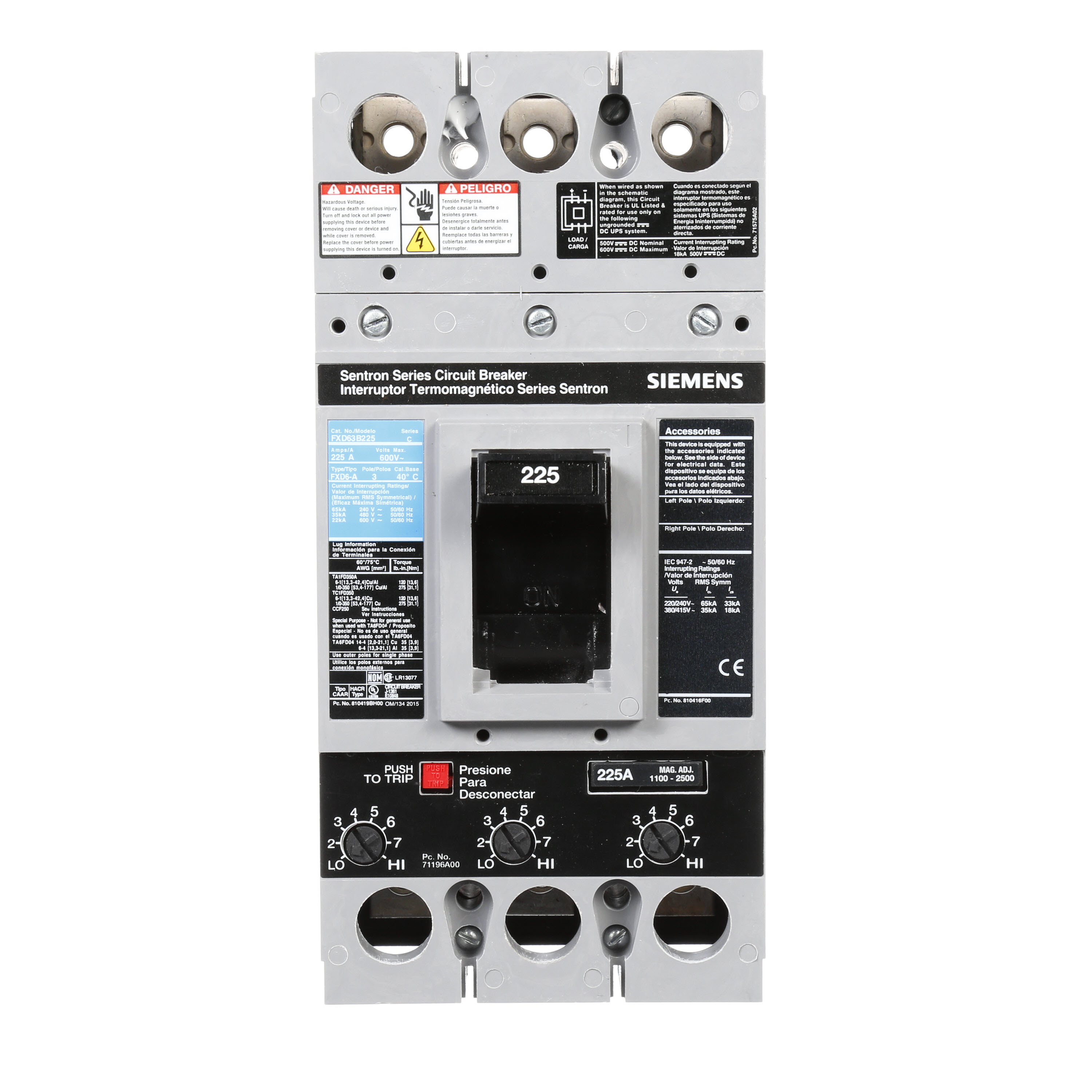 SIEMENS LOW VOLTAGE SENTRON MOLDED CASE CIRCUIT BREAKER WITH THERMAL - MAGNETICTRIP UNIT. ASSEMBLED STANDARD 40 DEG C BREAKER FD FRAME WITH STANDARD BREAKING CAPACITY. 225A 3-POLE (22KAIC AT 600V) (35KAIC AT 480V). NON-INTERCHANGEABLE TRIP UNIT. SPECIAL FEATURES NO LUGS INSTALLED. DIMENSIONS (W x H x D) IN 4.50 x 9.5x 4.00.