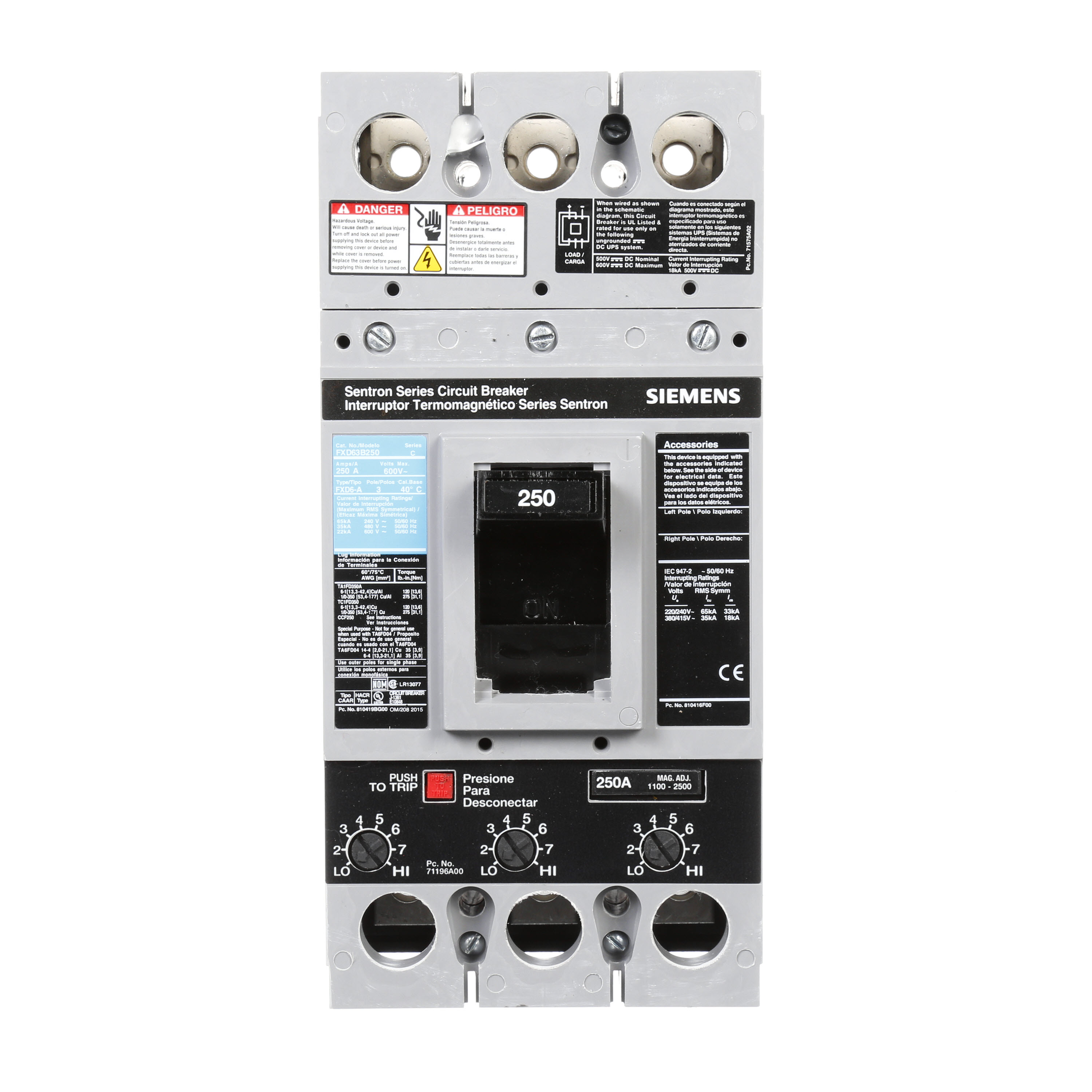 SIEMENS LOW VOLTAGE SENTRON MOLDED CASE CIRCUIT BREAKER WITH THERMAL - MAGNETICTRIP UNIT. ASSEMBLED STANDARD 40 DEG C BREAKER FD FRAME WITH STANDARD BREAKING CAPACITY. 250A 3-POLE (22KAIC AT 600V) (35KAIC AT 480V). NON-INTERCHANGEABLE TRIP UNIT. SPECIAL FEATURES NO LUGS INSTALLED. DIMENSIONS (W x H x D) IN 4.50 x 9.5x 4.00.