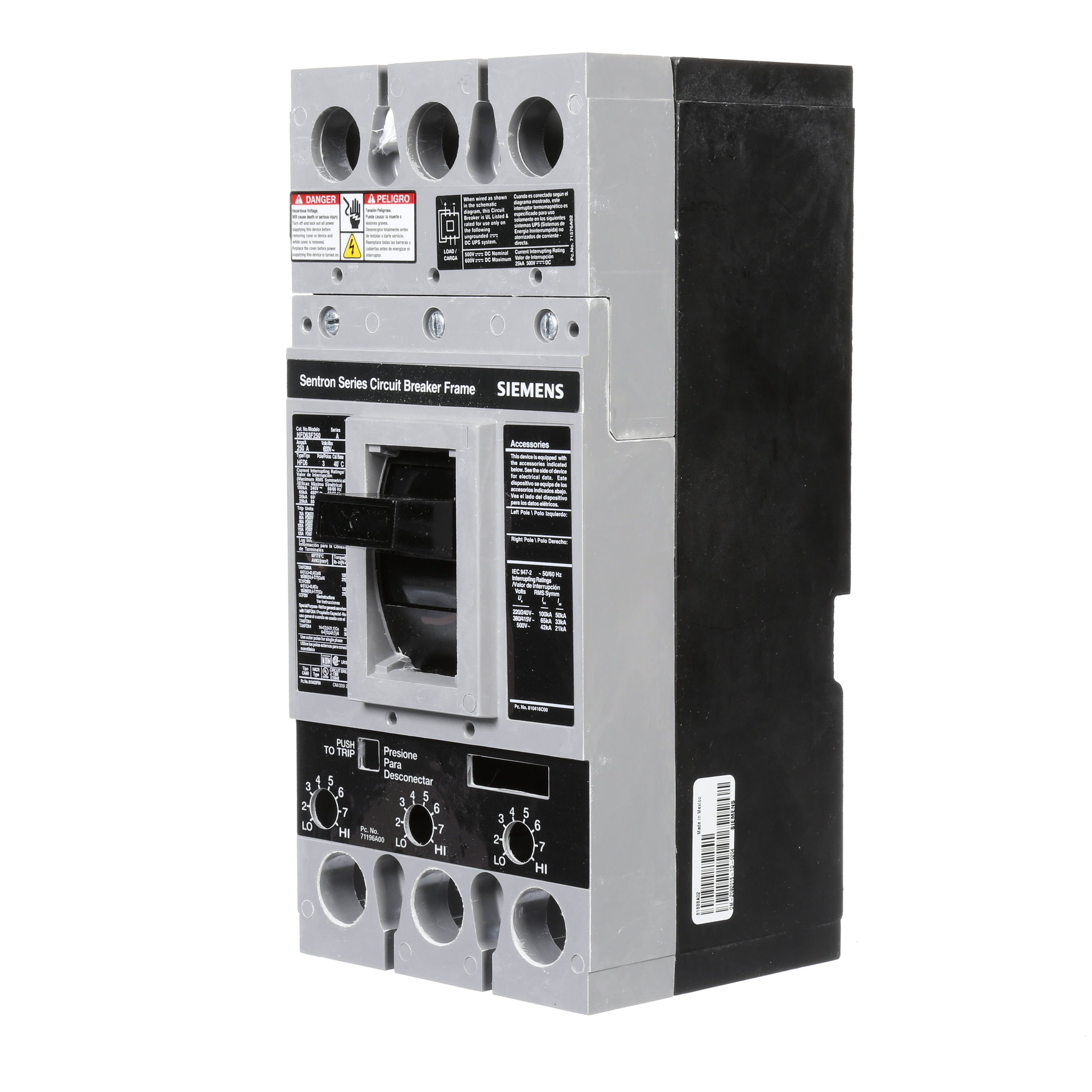 SIEMENS LOW VOLTAGE SENTRON MOLDED CASE CIRCUIT BREAKER. 250A FD FRAME FOR HIGHBREAKING CAPACITY 3-POLE 600V BREAKERS.