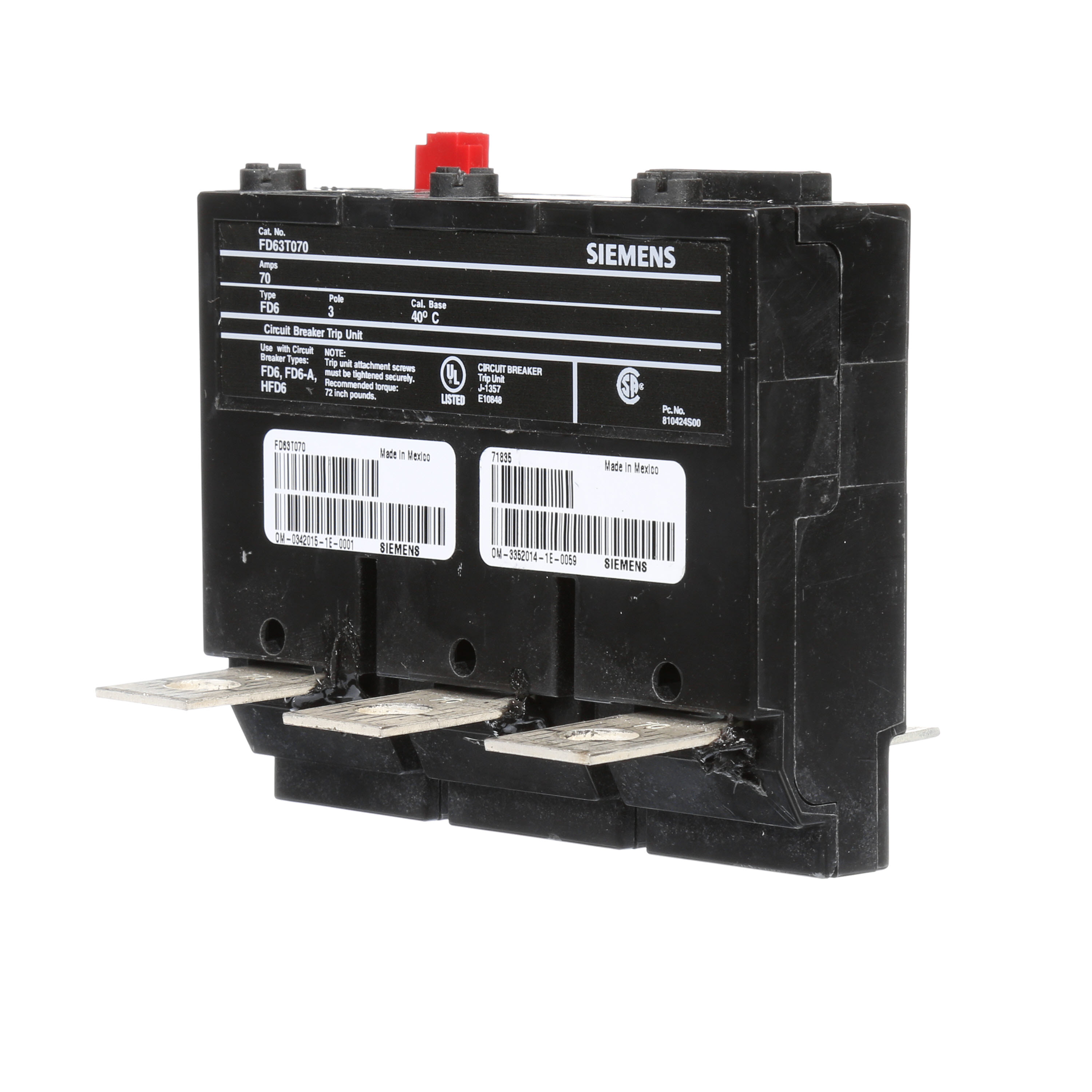 SIEMENS LOW VOLTAGE SENTRON MOLDED CASE CIRCUIT BREAKER. THERMAL - MAGNETIC TRIP UNIT FOR FD FRAME 70A 3-POLE 600V BREAKERS.