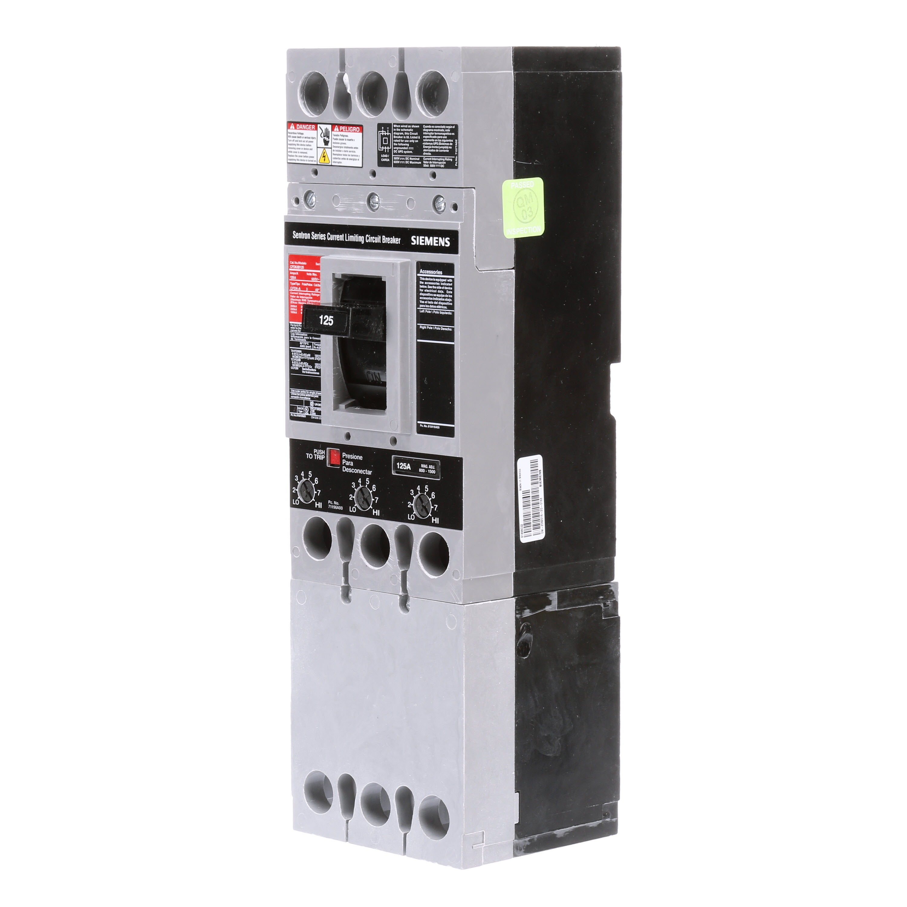 SIEMENS LOW VOLTAGE SENTRON MOLDED CASE CIRCUIT BREAKER WITH THERMAL - MAGNETICTRIP UNIT. ASSEMBLED STANDARD 40 DEG C BREAKER FD FRAME WITH FUSELESS CURRENT LIMITING BREAKING CAPACITY. 125A 3-POLE (100KAIC AT 600V) (200KAIC AT 480V). NON-INTERCHANGEABLE TRIP UNIT. SPECIAL FEATURES NO LUGS INSTALLED. DIMENSIONS (W x Hx D) IN 4.50 x 14.3 x 4.00.