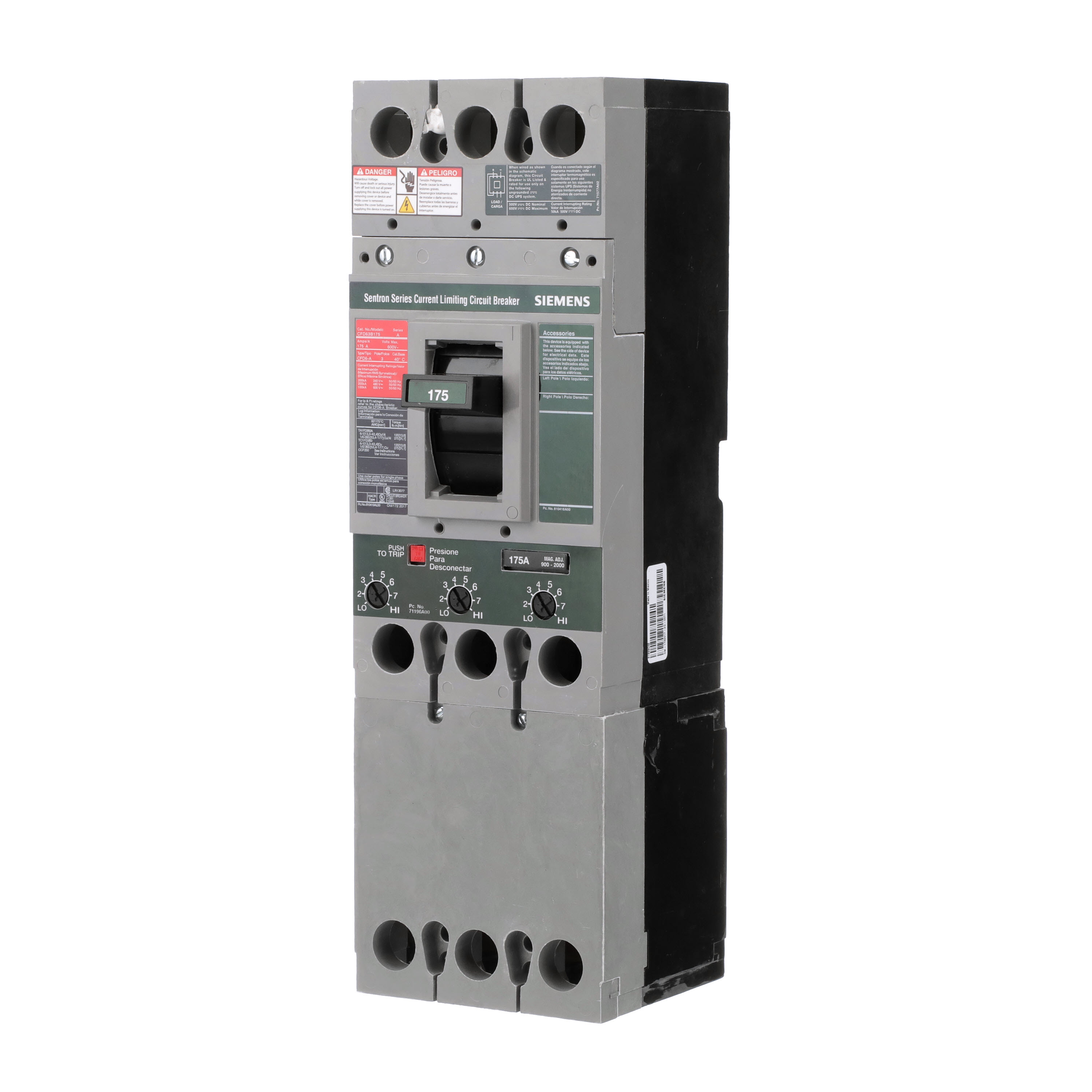 Product image for Siemens CFD63B175 3-Pole 600 VAC 175 Amp 100 kA Non-Interchangeable Trip Thermal Magnetic Molded Case Circuit Breaker
